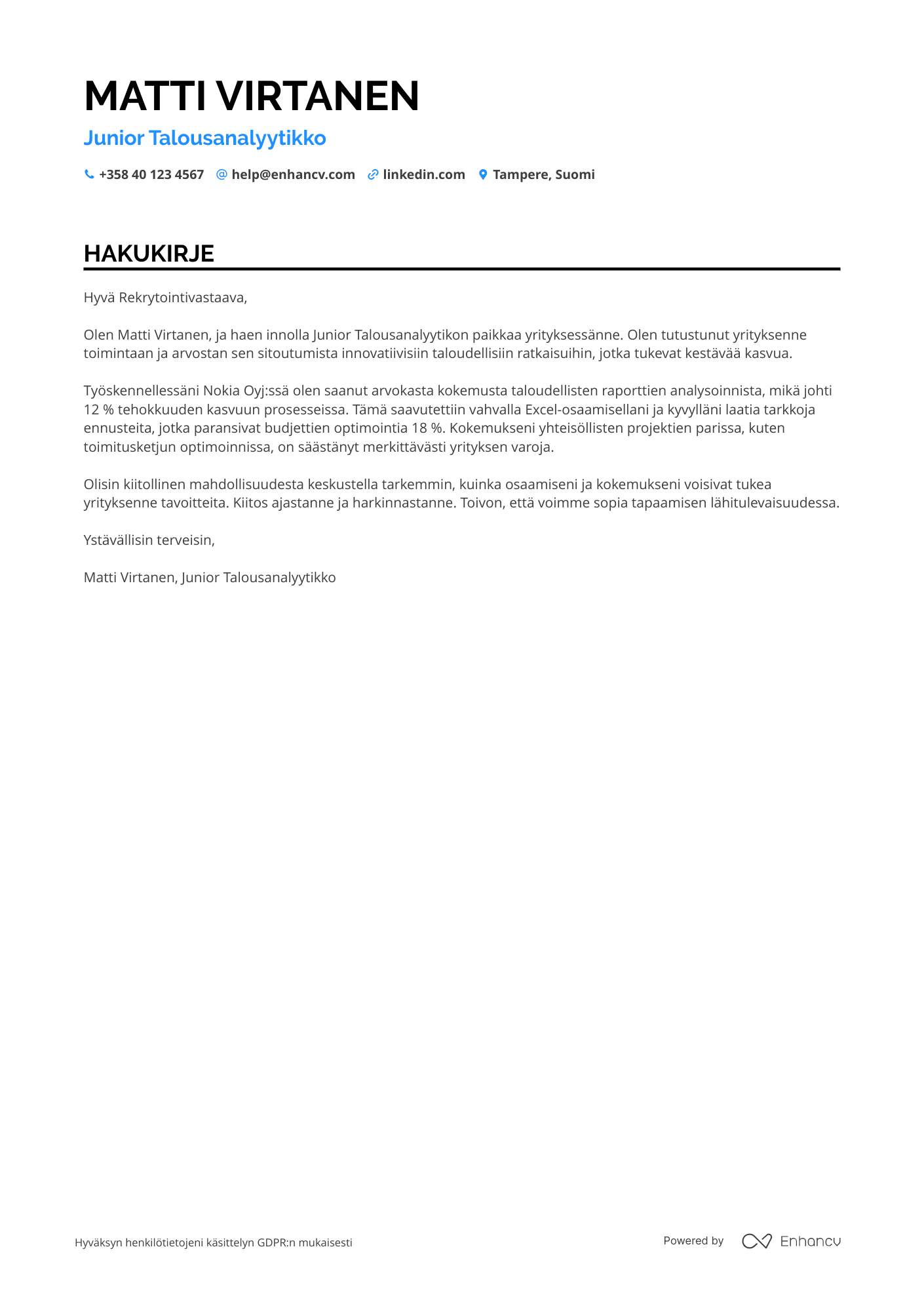 Hakukirje Junior Talousanalyytikko Resume Example