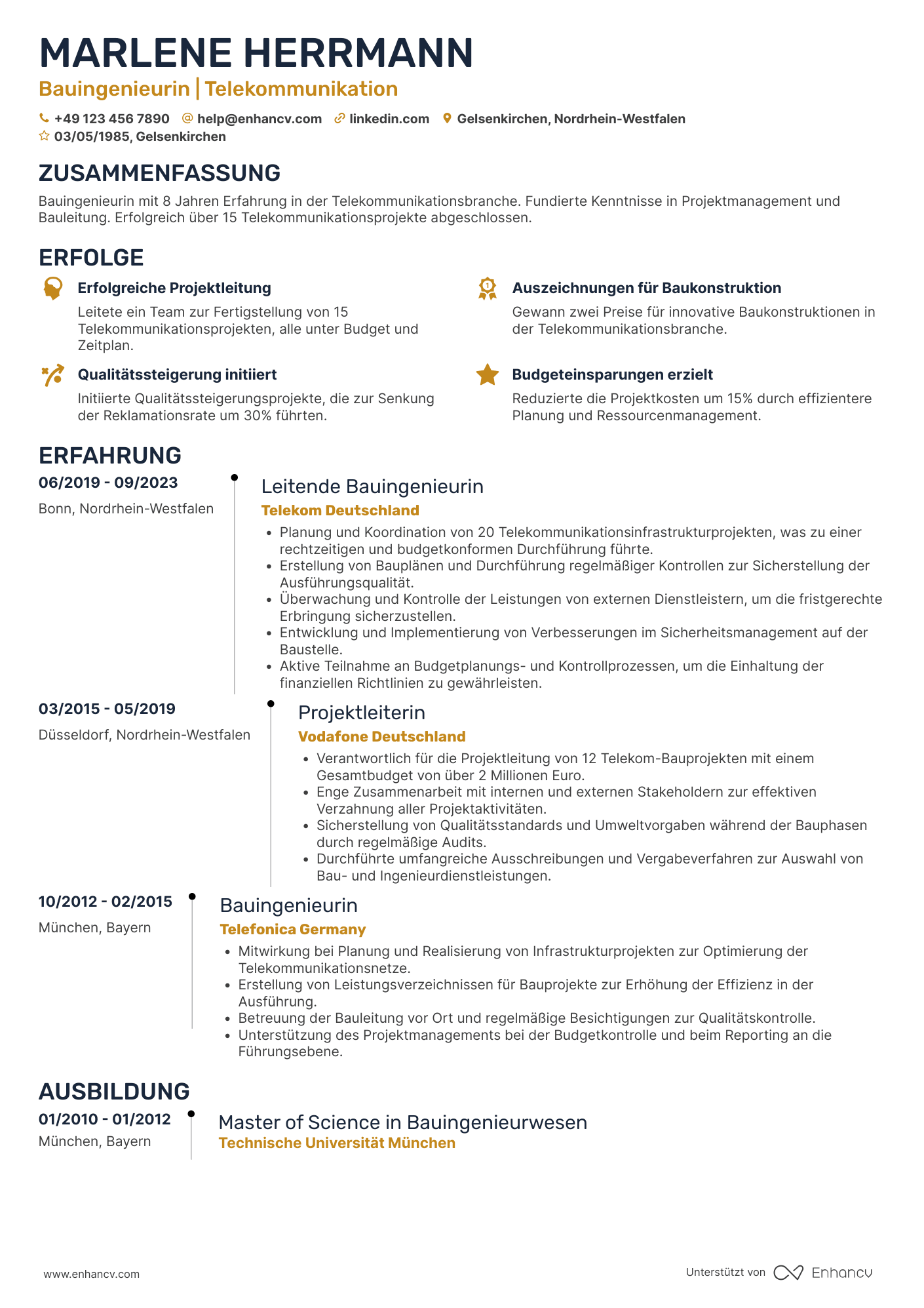 Lebenslauf in Bauingenieur in der Telekommunikation Resume Example