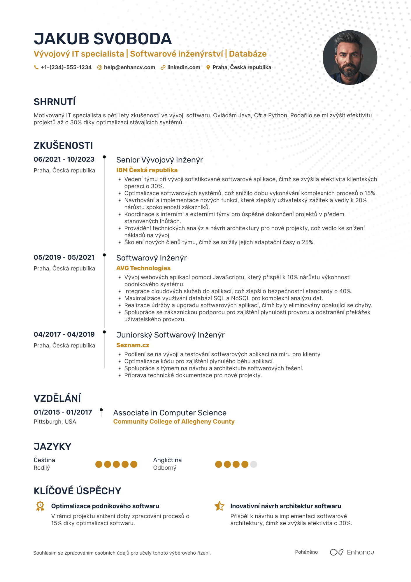 Životopis pro Vývojový IT specialista Resume Example