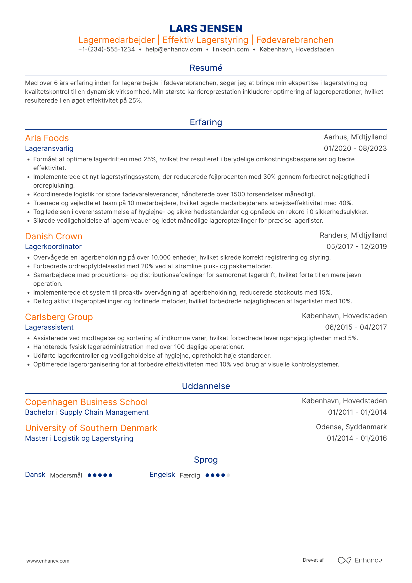 CV til Lagermedarbejder i fødevarebranchen Resume Example