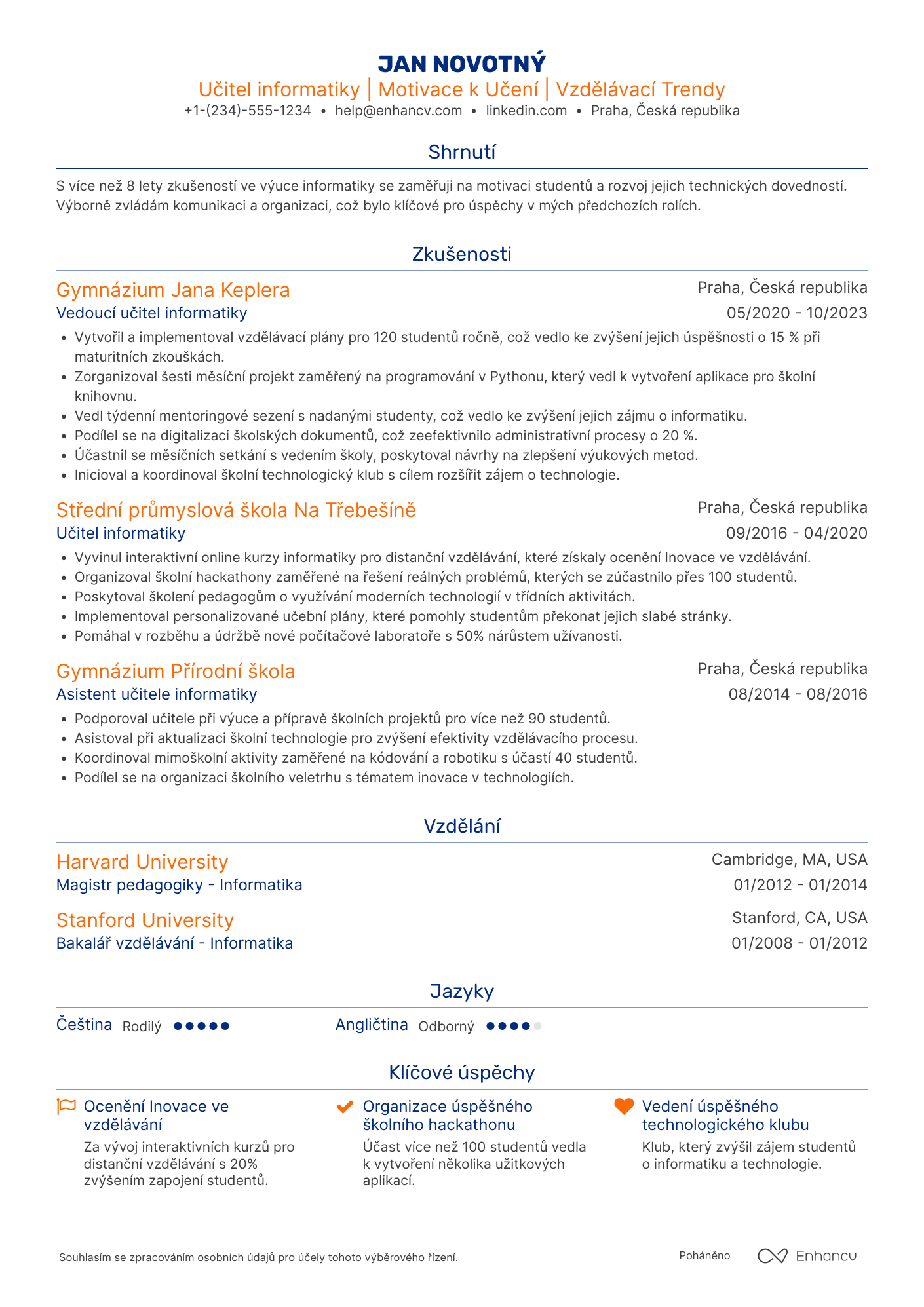 Životopis pro Učitel informatiky Resume Example