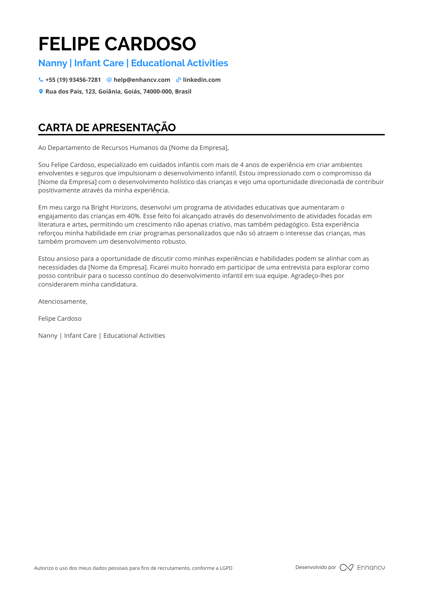 Babá de Verão Resume Example