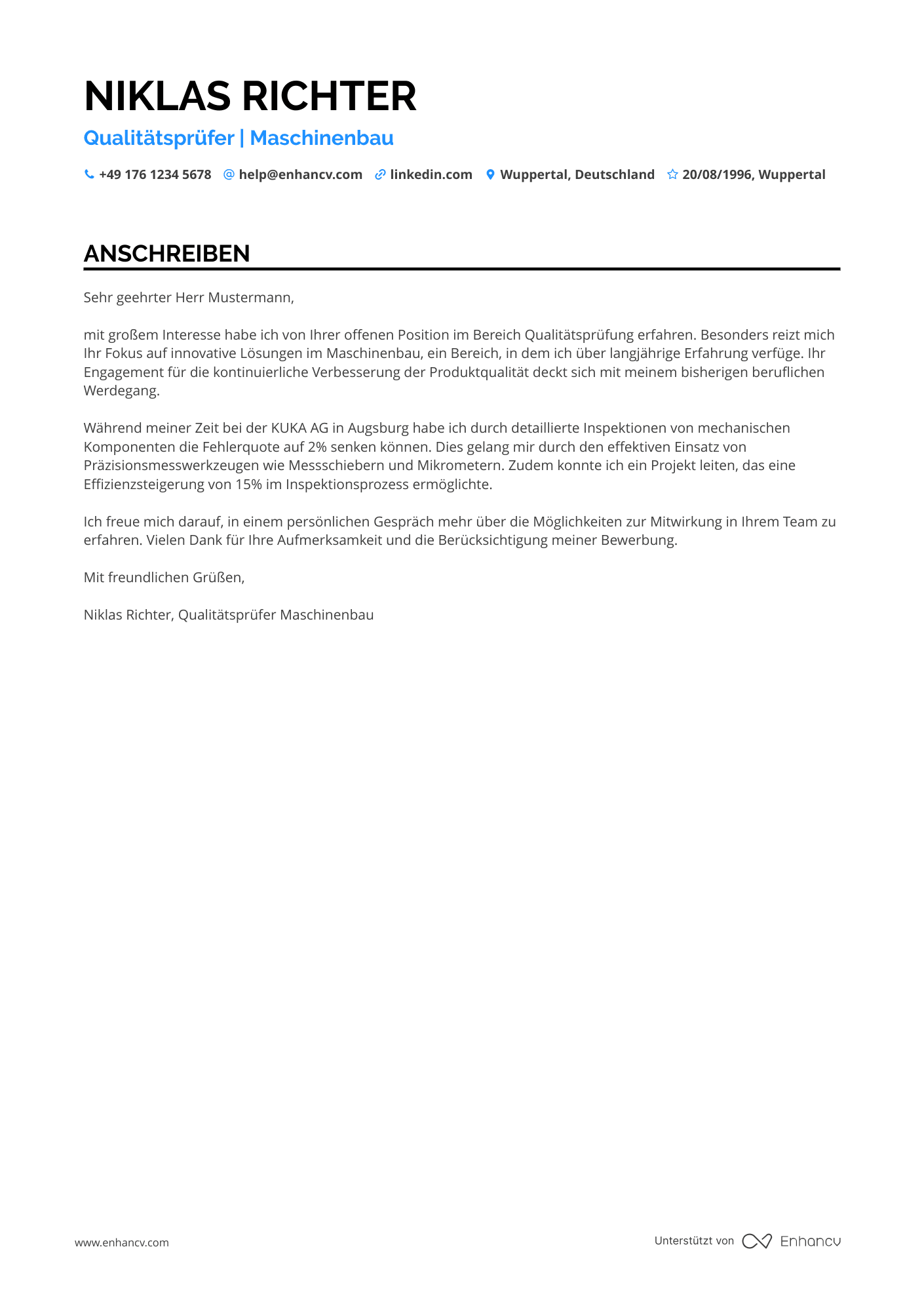 Qualitätsprüfer im Maschinenbau Resume Example
