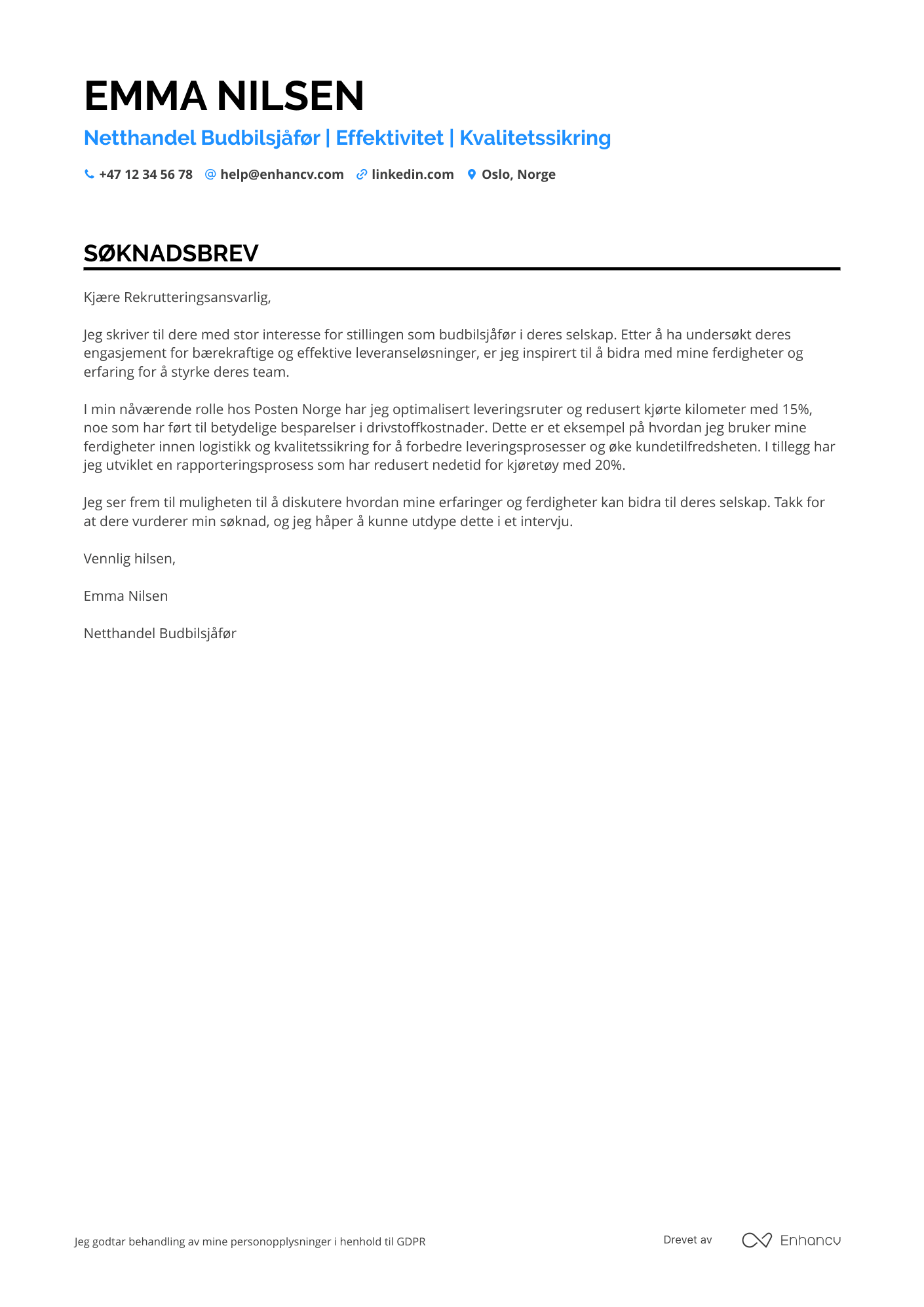 Søknadsbrev for Netthandel Budbilsjåfør Resume Example