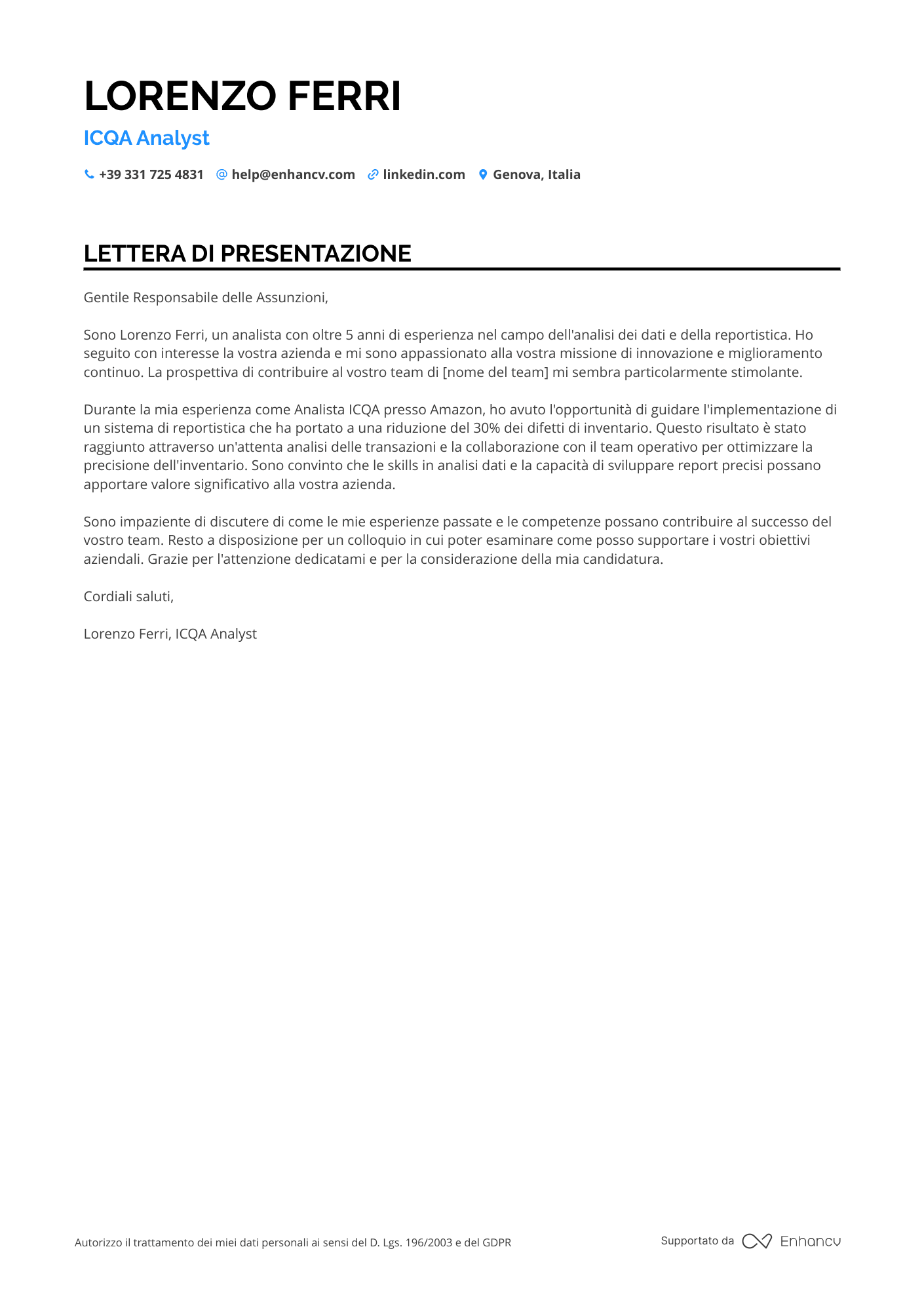 Analista di Dati Amazon Resume Example
