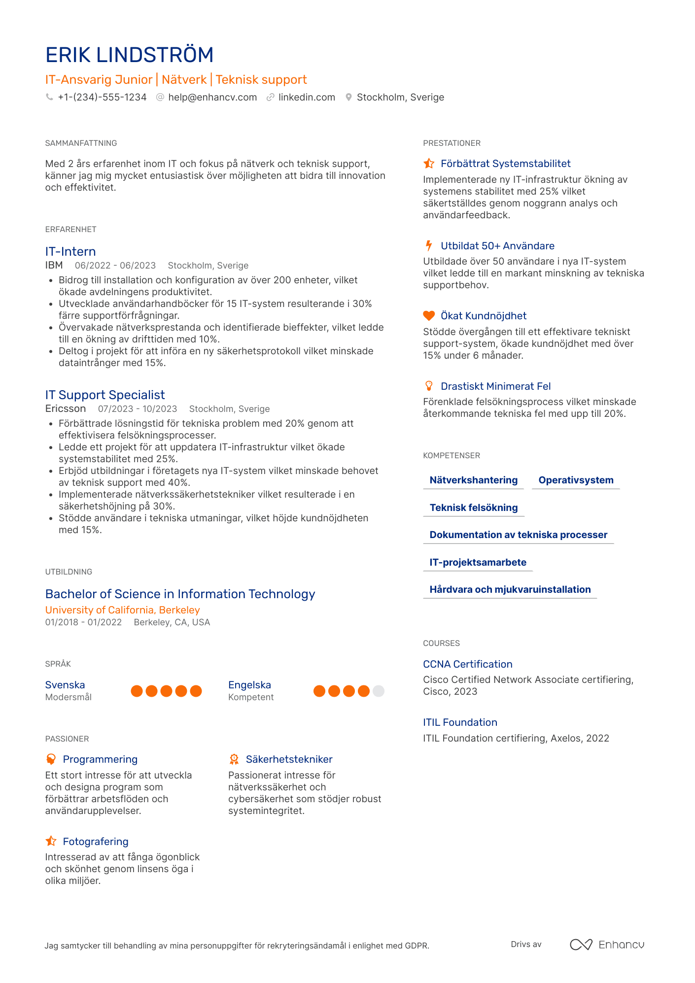 CV för IT Ansvarig Junior Resume Example
