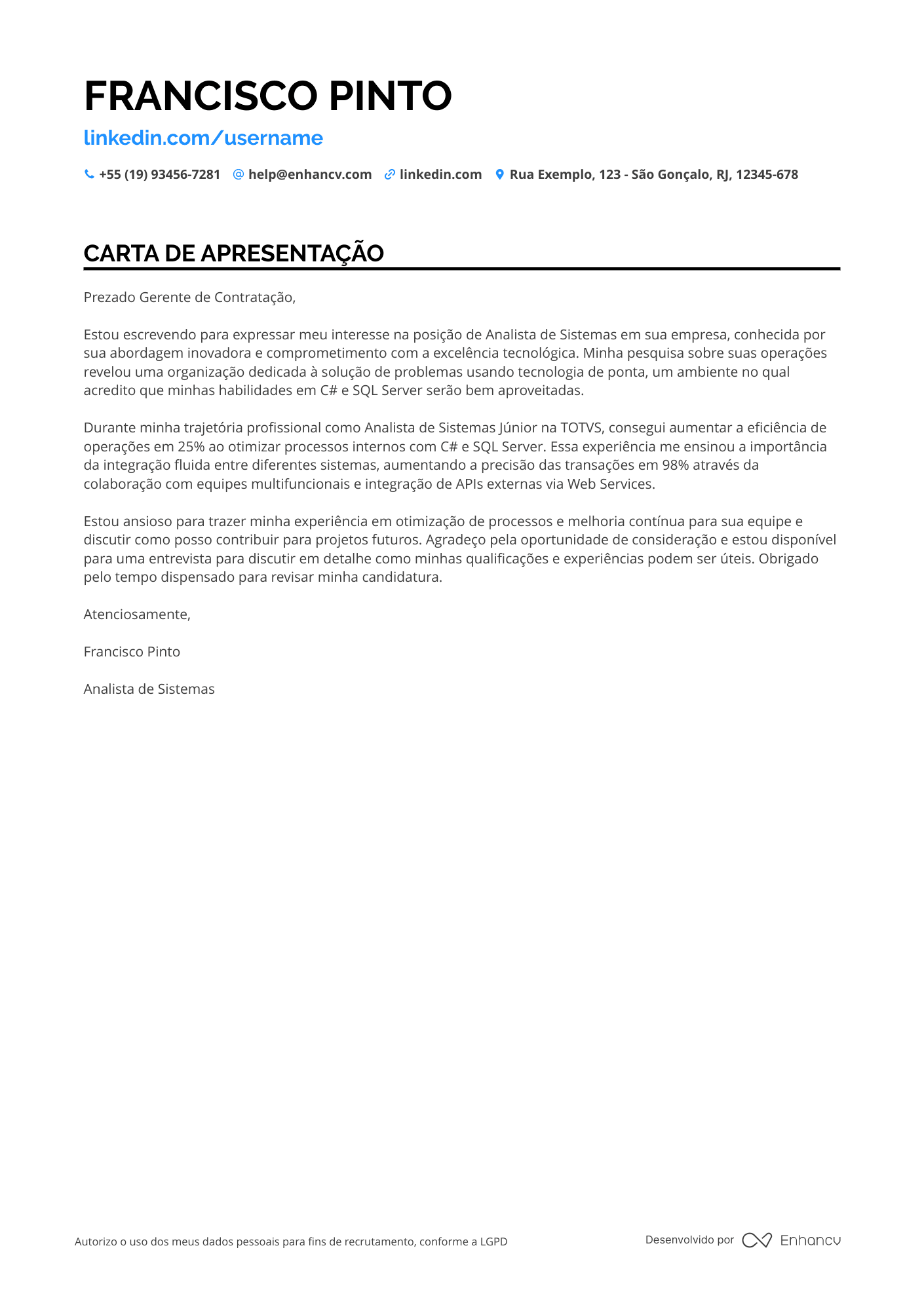 Desenvolvedor Microsoft Junior Resume Example