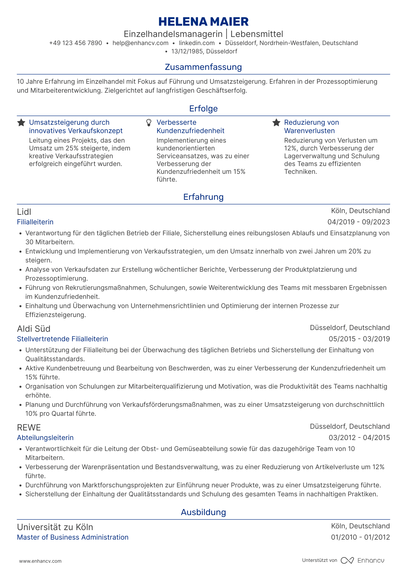 Lebenslauf als Erfahrener Einzelhandelsmanager Resume Example