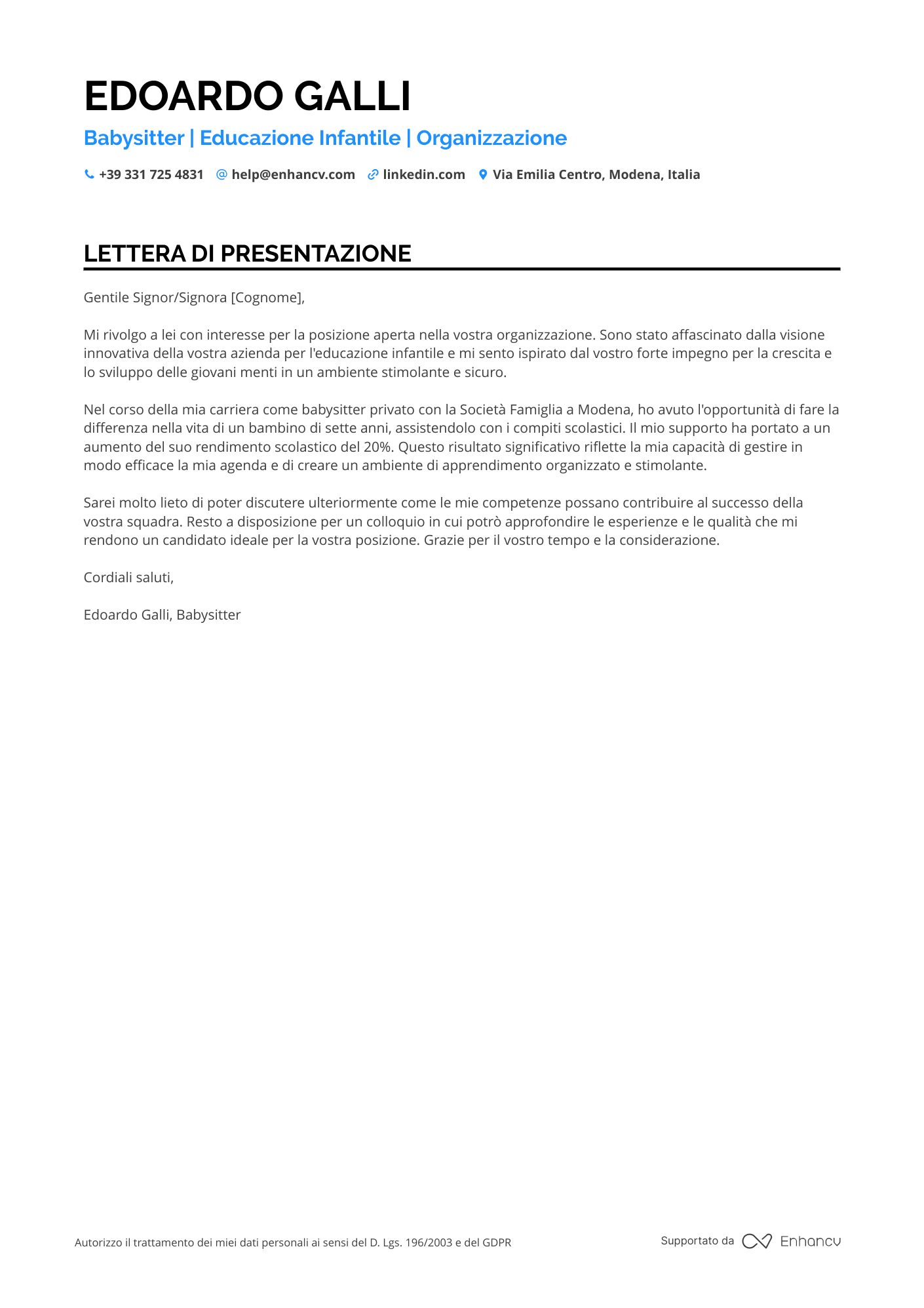 Baby Sitter Prima Esperienza Resume Example