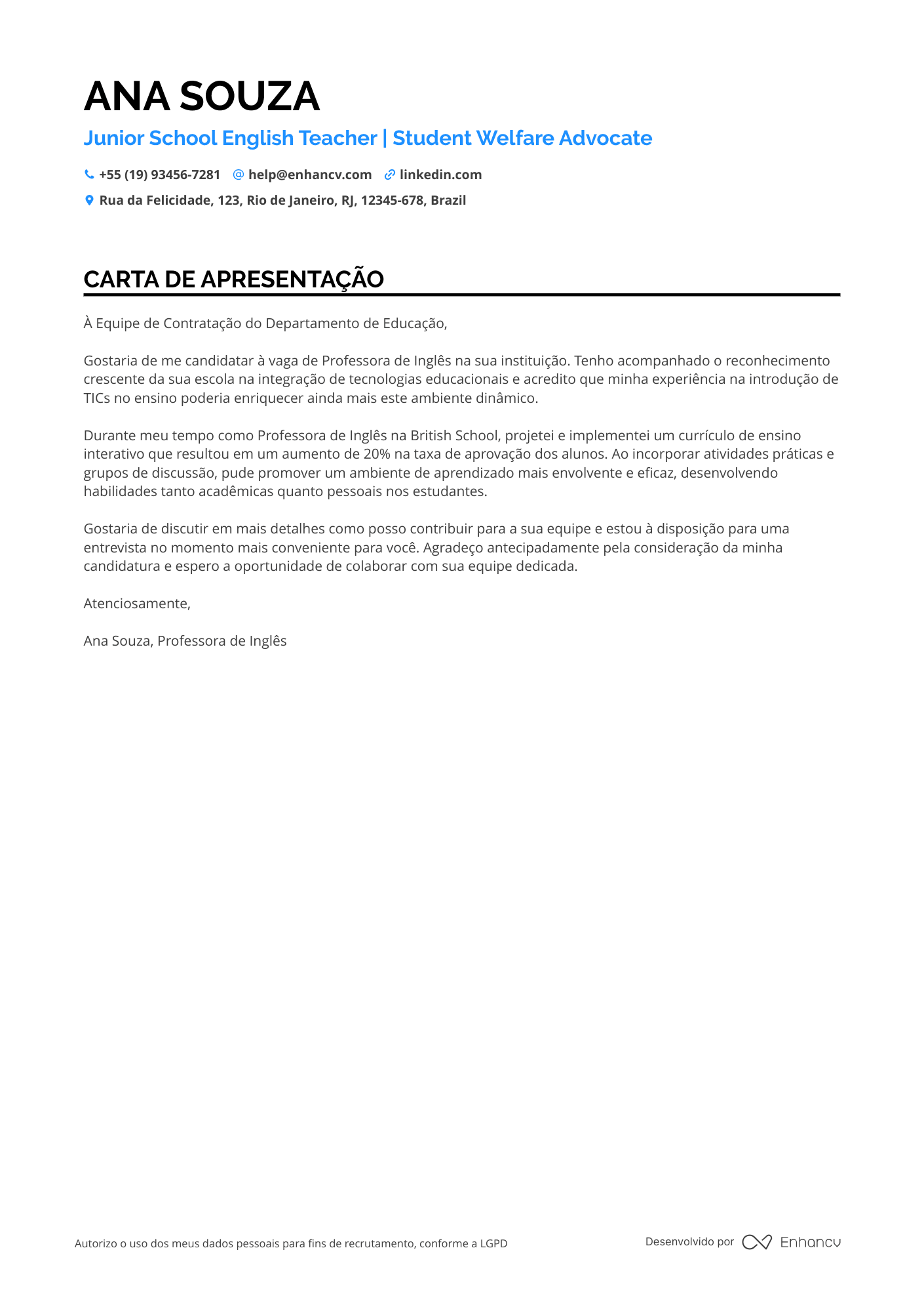 Secretária Escolar Júnior Resume Example