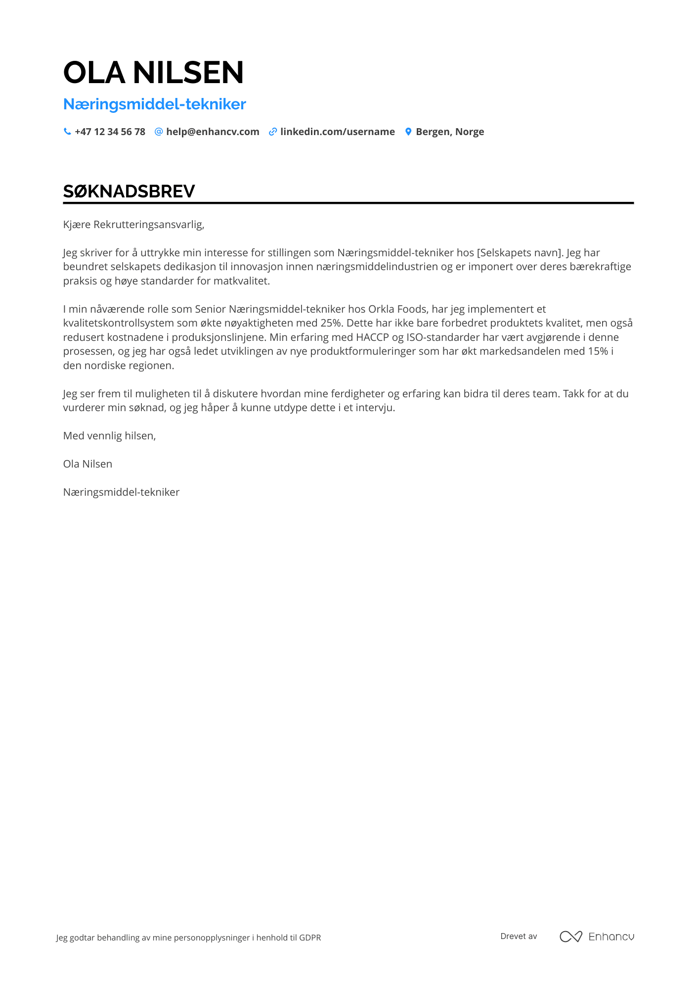 Søknadsbrev for Næringsmiddel tekniker Resume Example