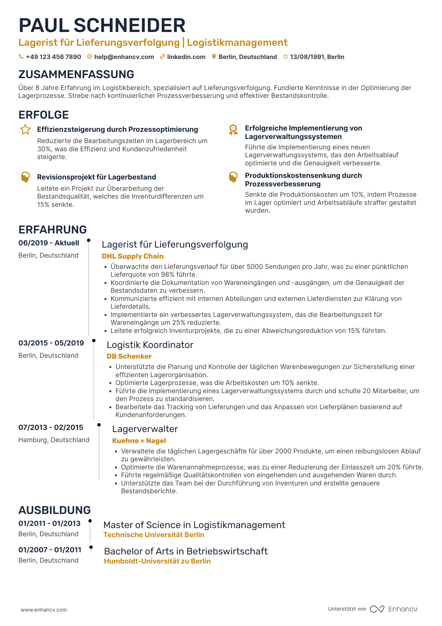 Lebenslauf als Lagerist für Lieferungsverfolgung Resume Example