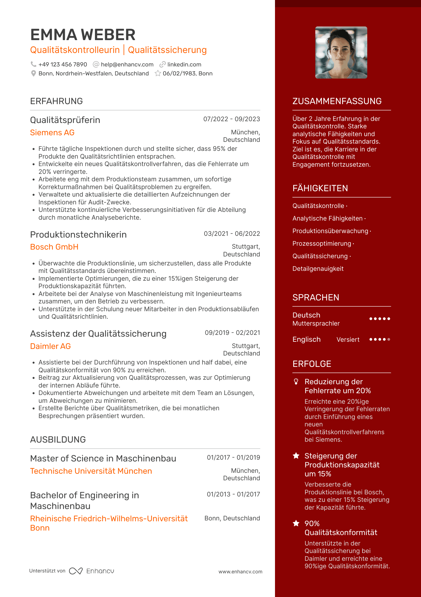 Lebenslauf als Einsteiger Qualitätskontrolleur Resume Example