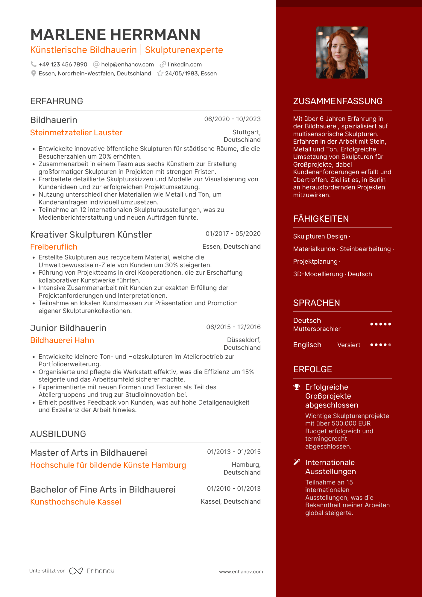 Lebenslauf in Künstlerischer Bildhauer Resume Example