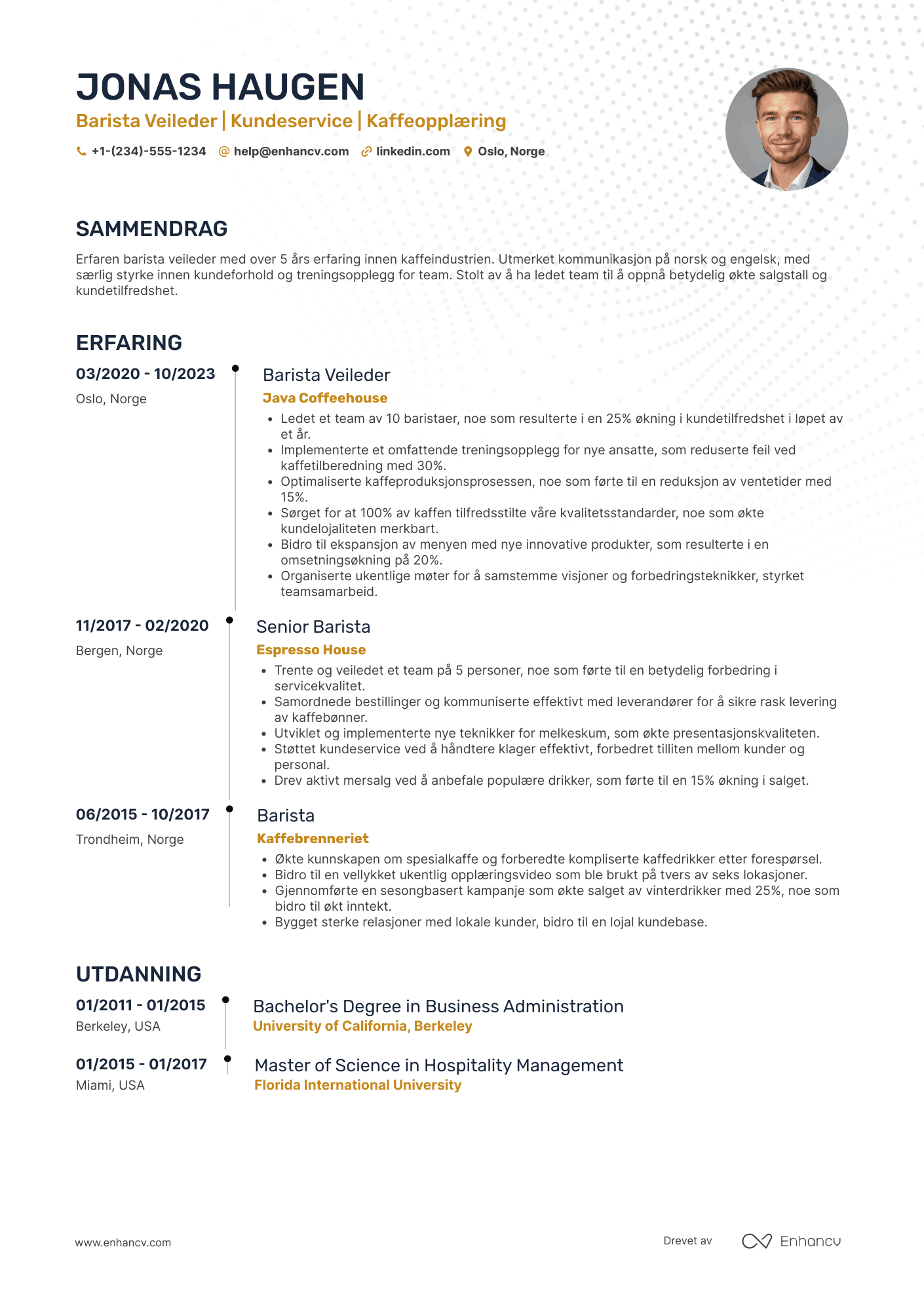 CV for Barista Veileder Resume Example