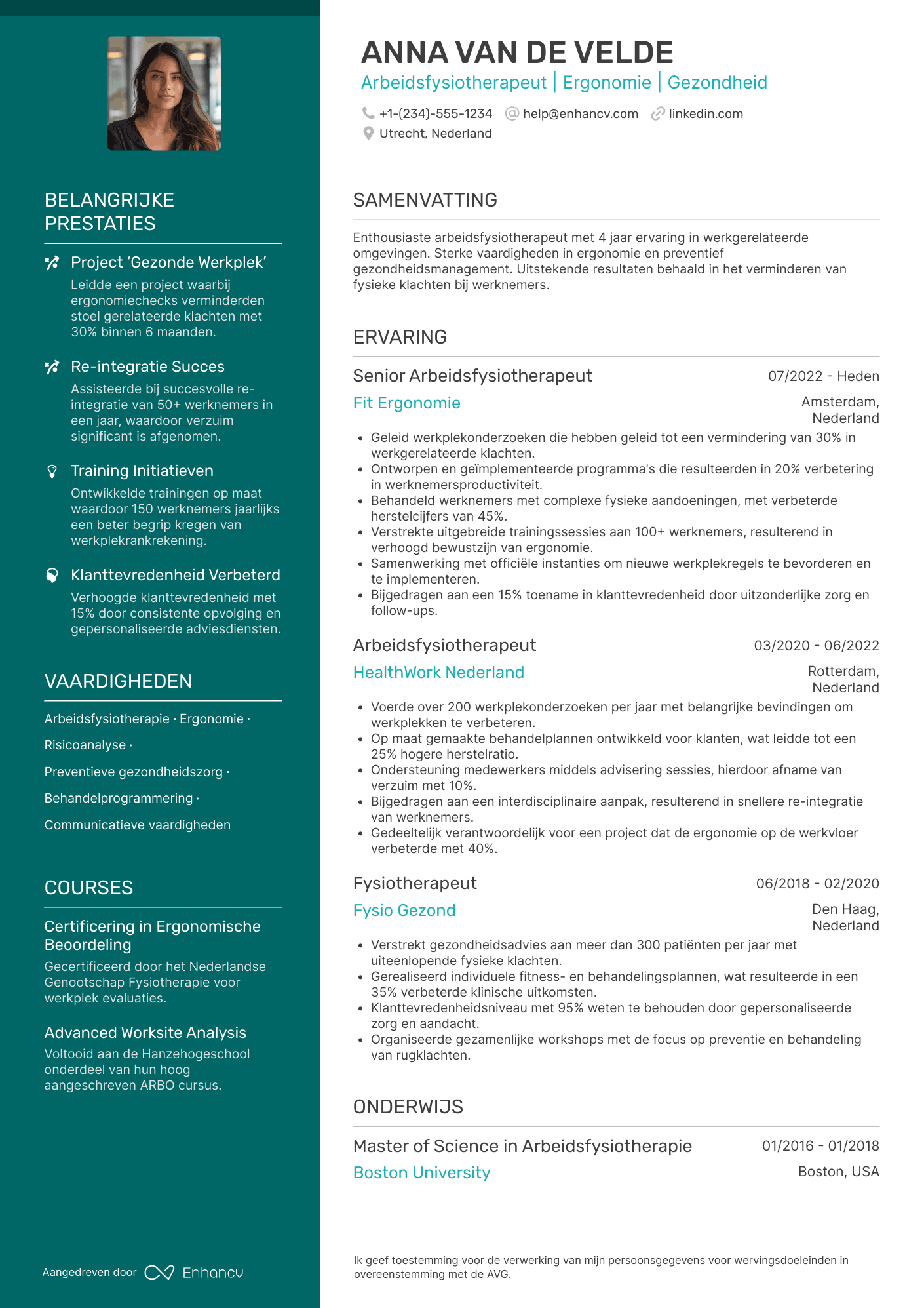 CV voor Arbeidsfysiotherapeut Resume Example