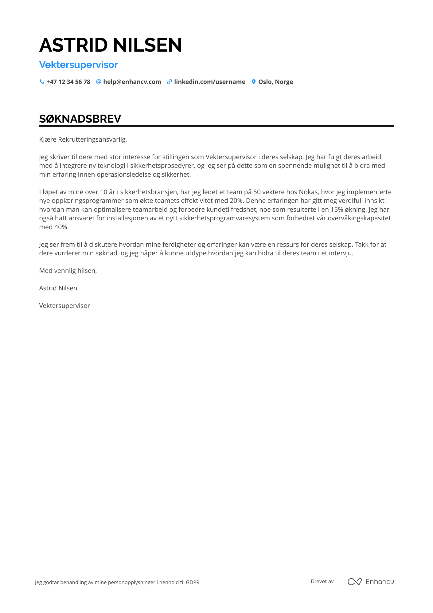 Søknadsbrev for Vektersupervisor Resume Example