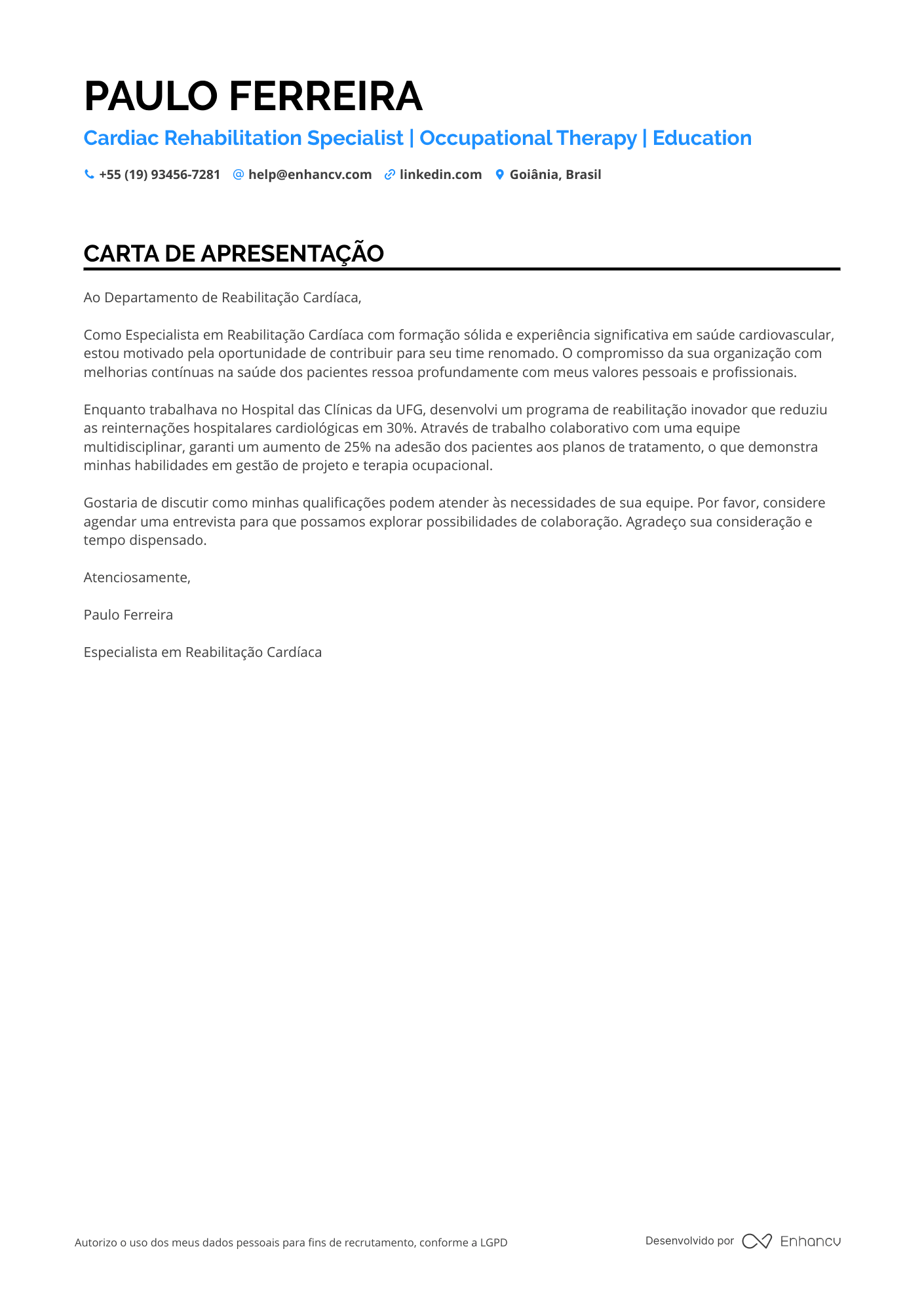 Fisioterapeuta de Reabilitação Cardíaca Resume Example