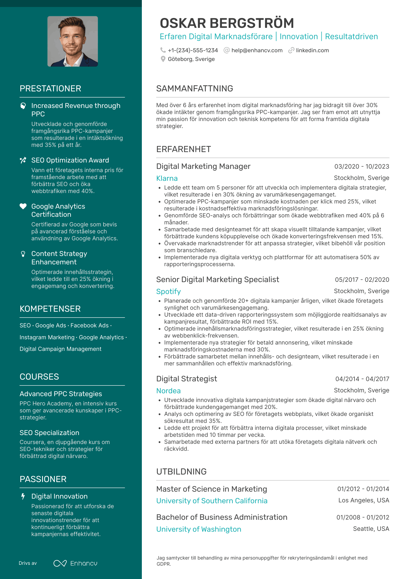 CV för Erfaren Digital Marknadsförare Resume Example