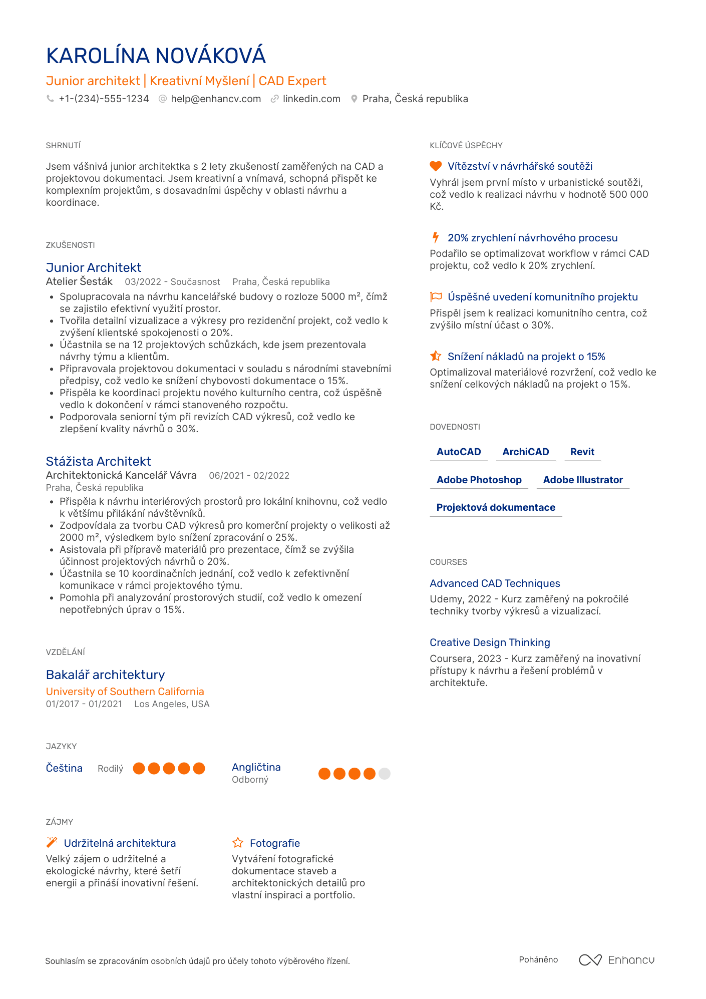 Životopis pro Junior architekt Resume Example