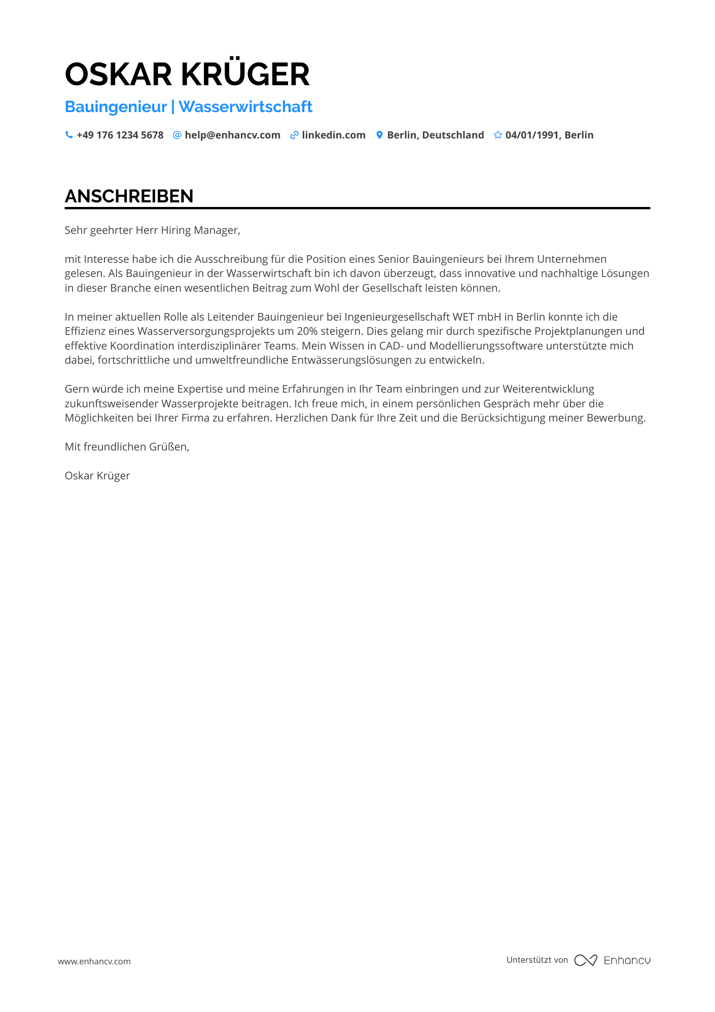 Bauingenieur für Wasserwirtschaft Resume Example