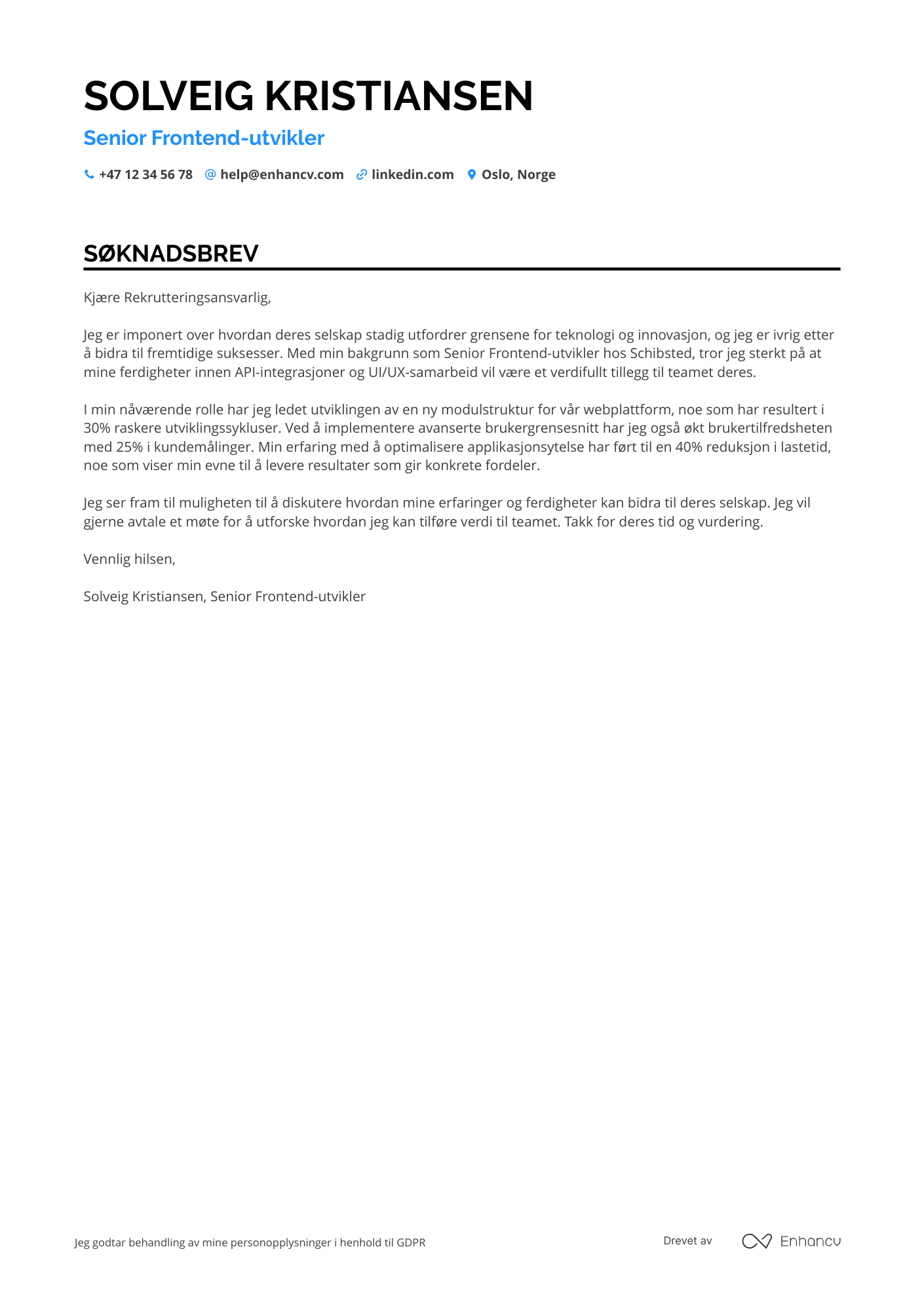 Søknadsbrev for Senior Frontend‑utvikler Resume Example