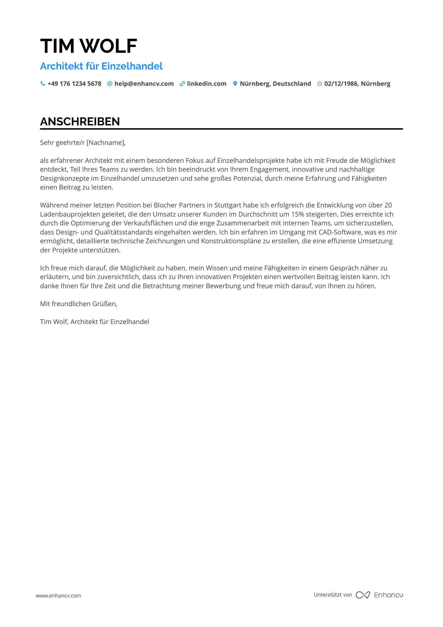 Architekt für Einzelhandel Resume Example