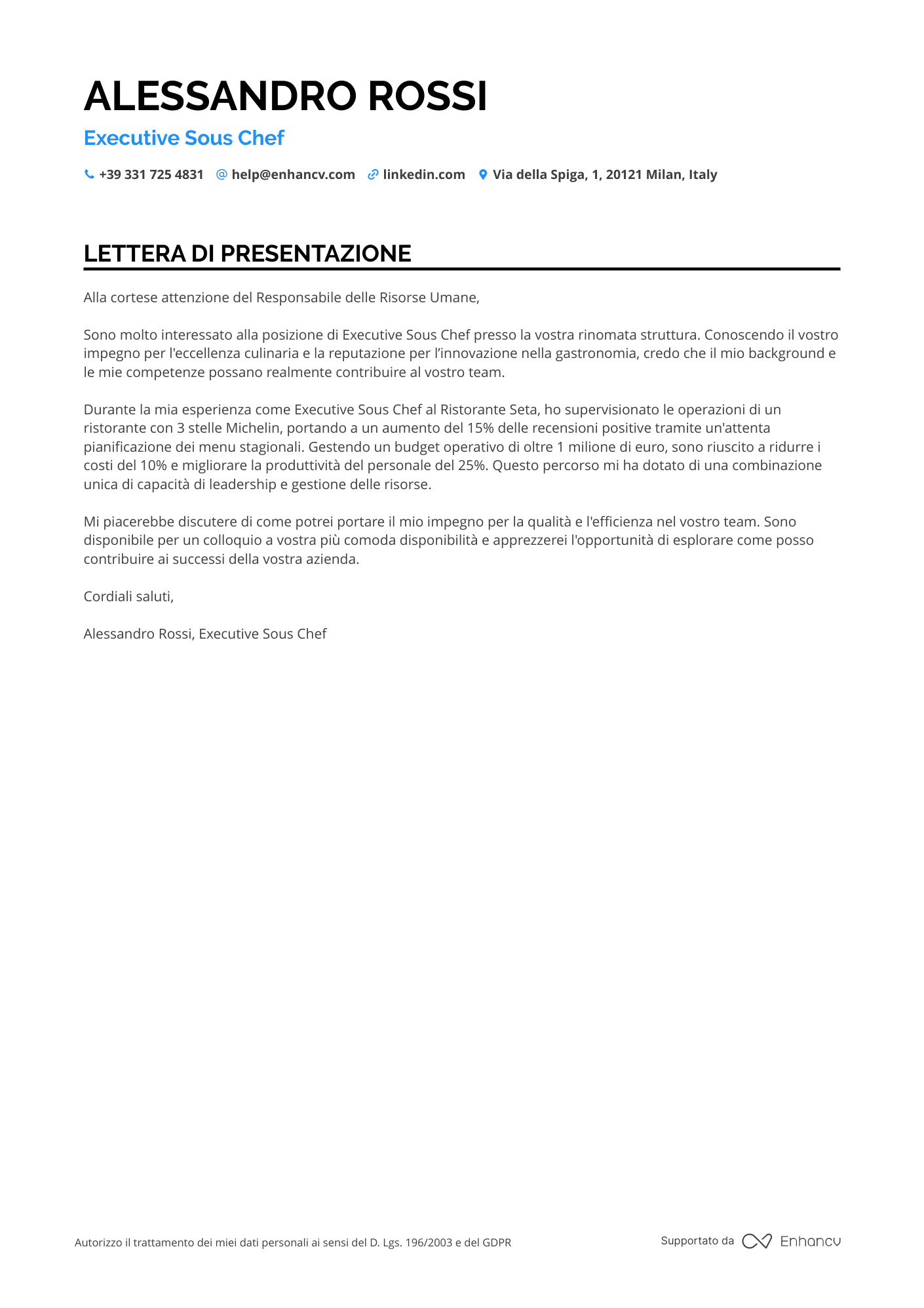 Chef di Cucina Vegetariana Resume Example