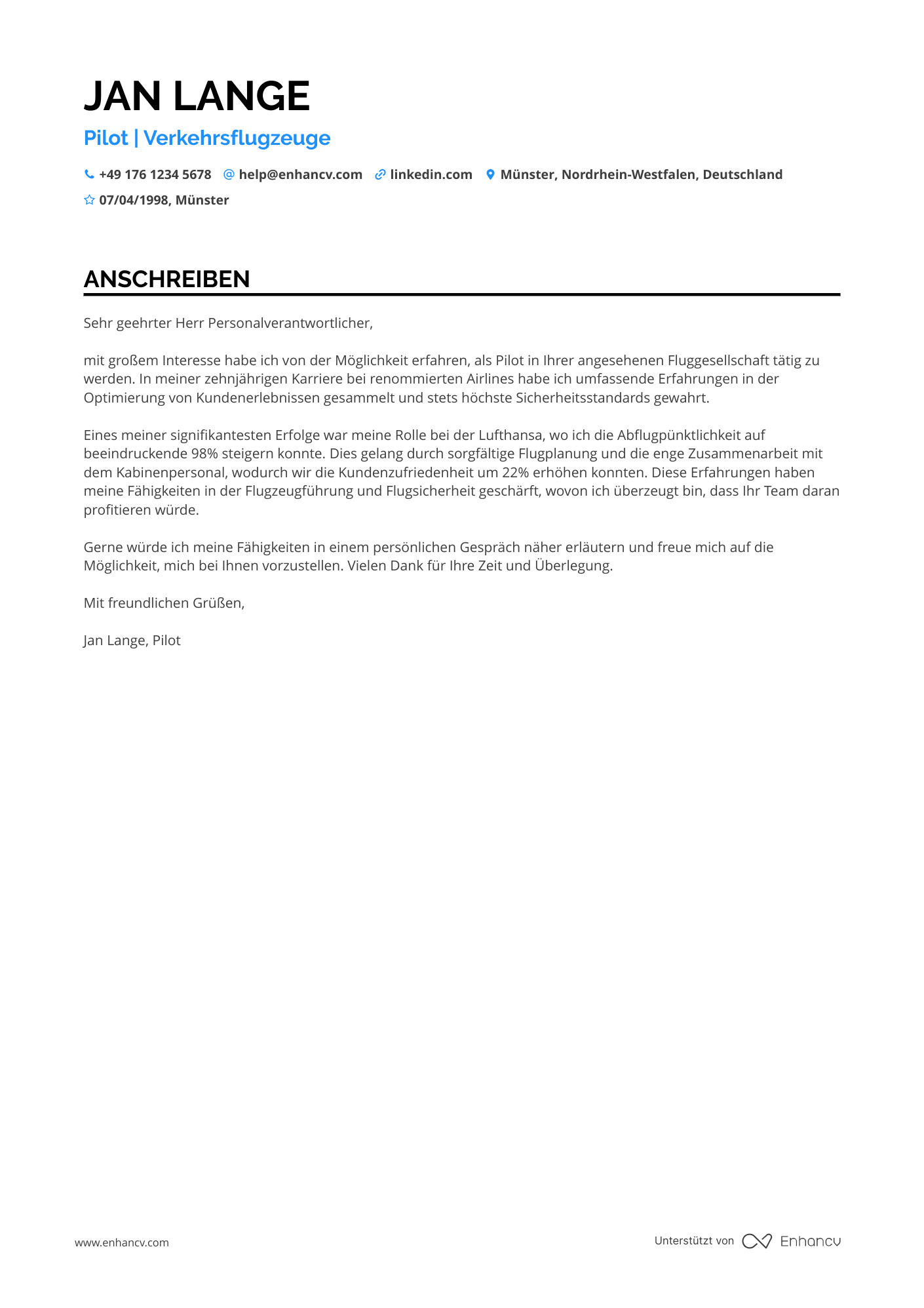 Pilot für kommerzielle Airlines Resume Example
