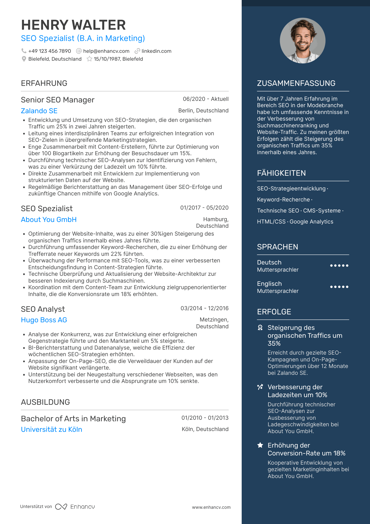 Lebenslauf in SEO Spezialist für die Modebranche Resume Example