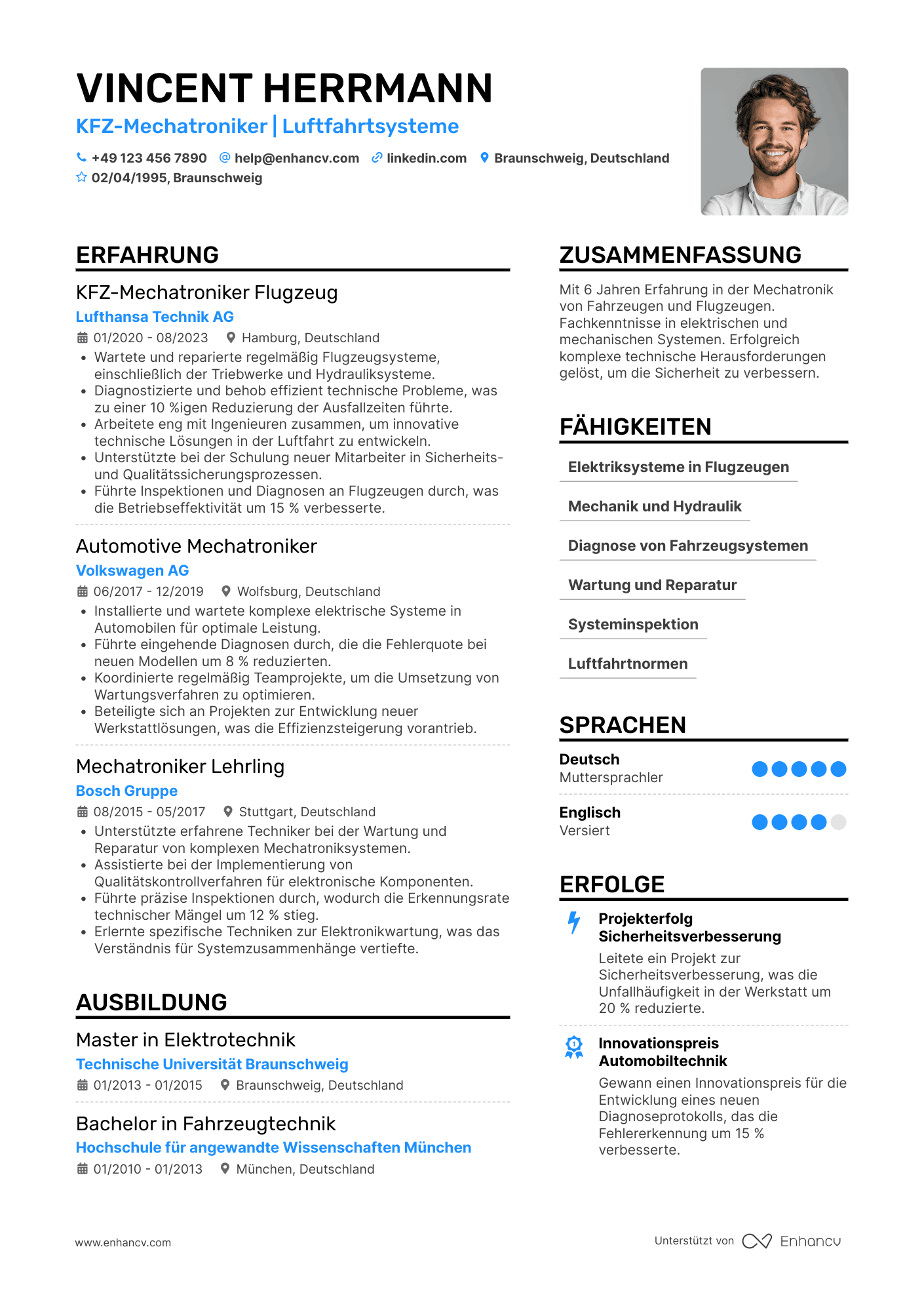 Lebenslauf als KFZ Mechatroniker für Flugzeuge Resume Example