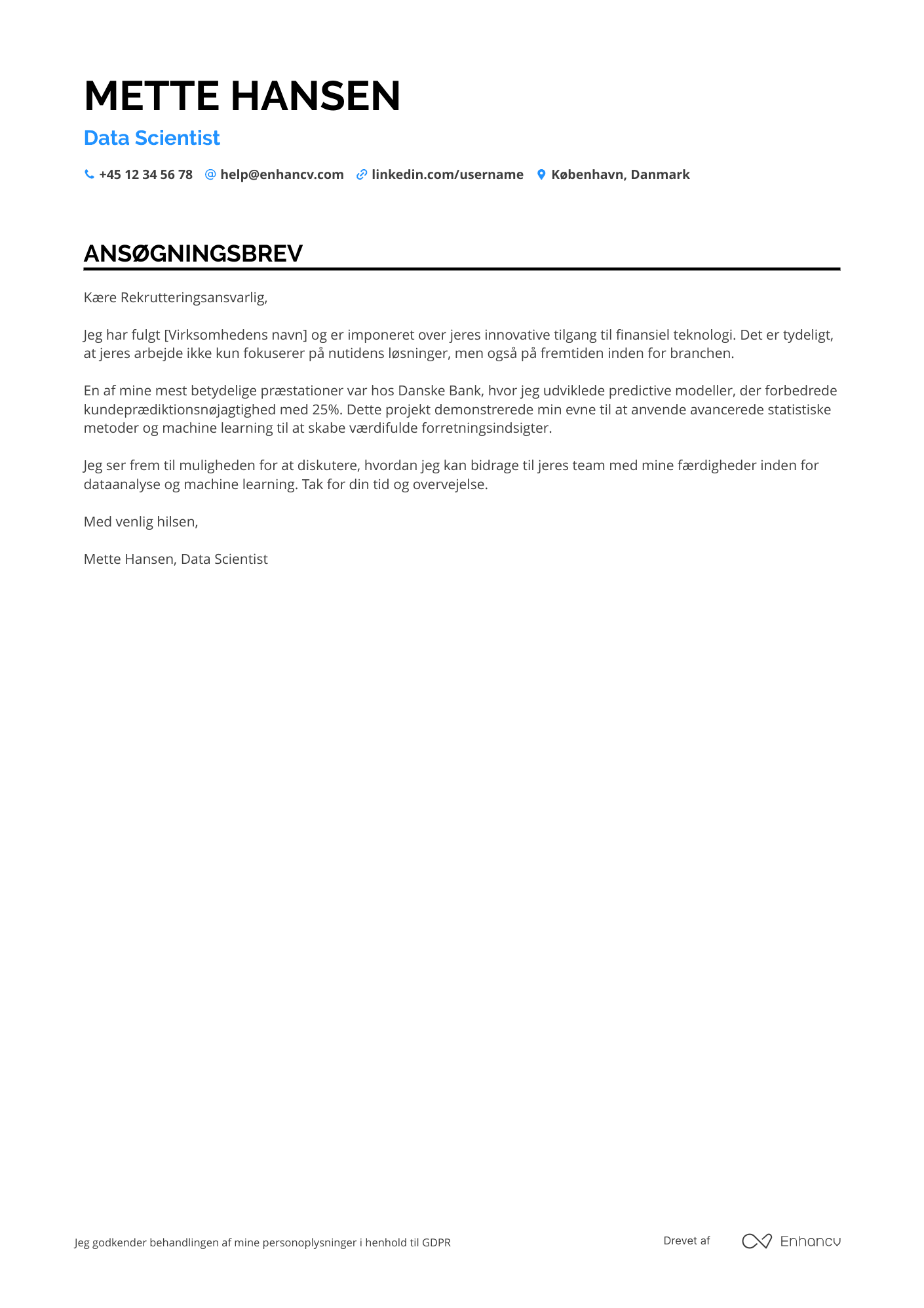 Ansøgningsbrev til Data Scientist inden for finans Resume Example