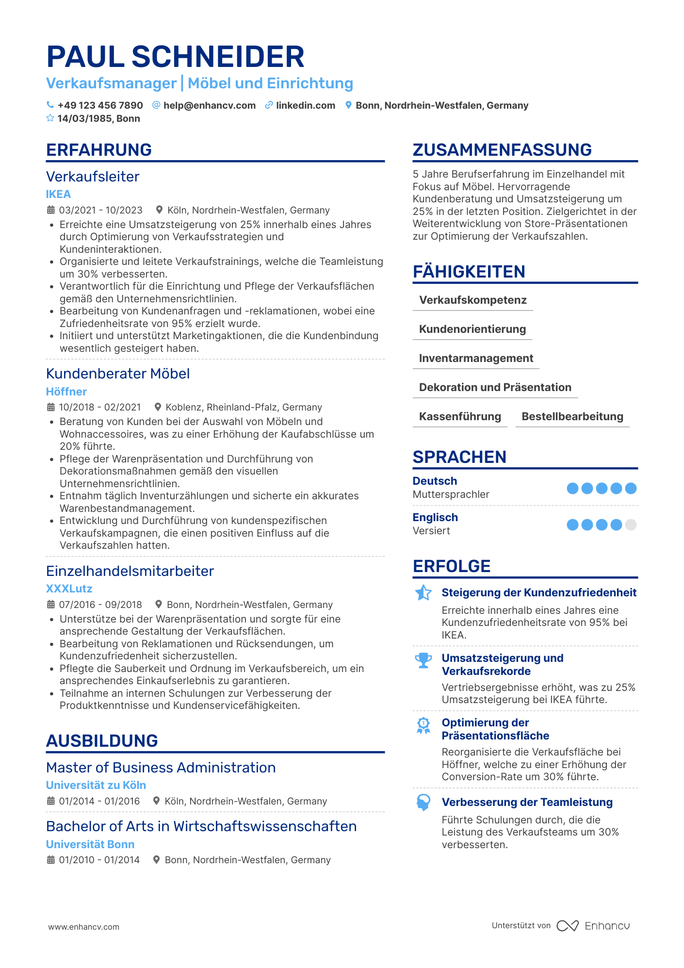 Lebenslauf in Verkäuferin im Möbelhaus Resume Example