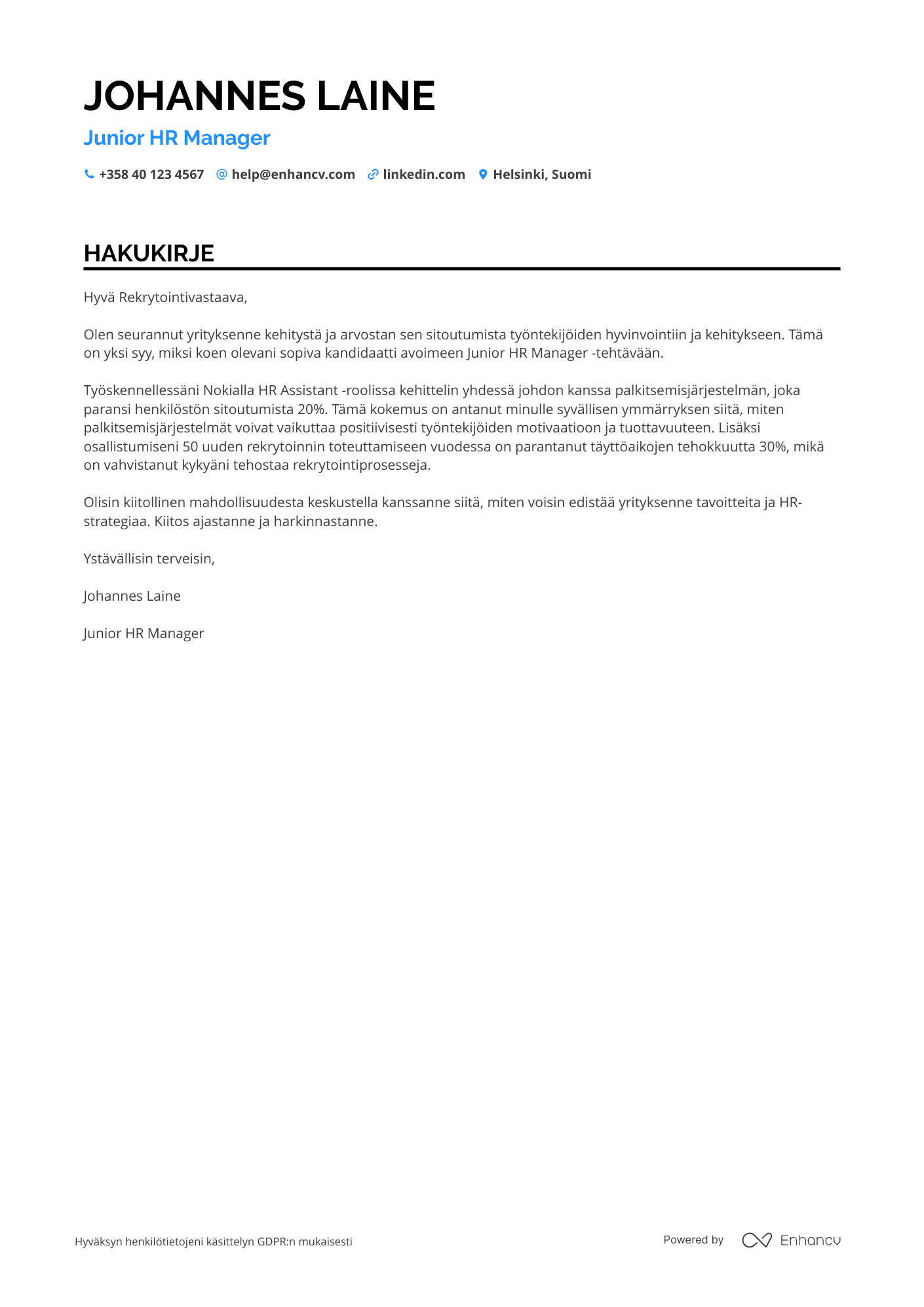 Hakukirje Junior HR päällikkö Resume Example