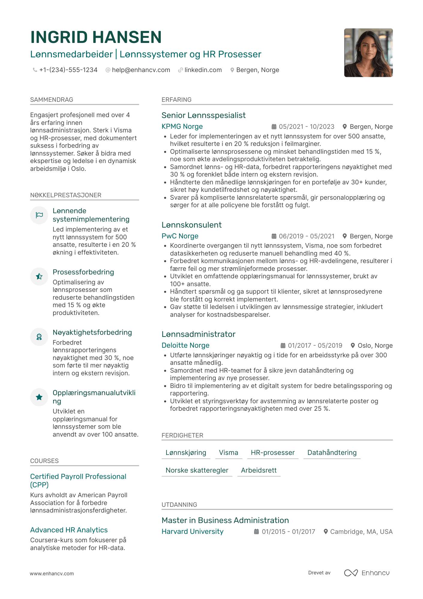 CV for Prosjekt Lønnsmedarbeider Resume Example