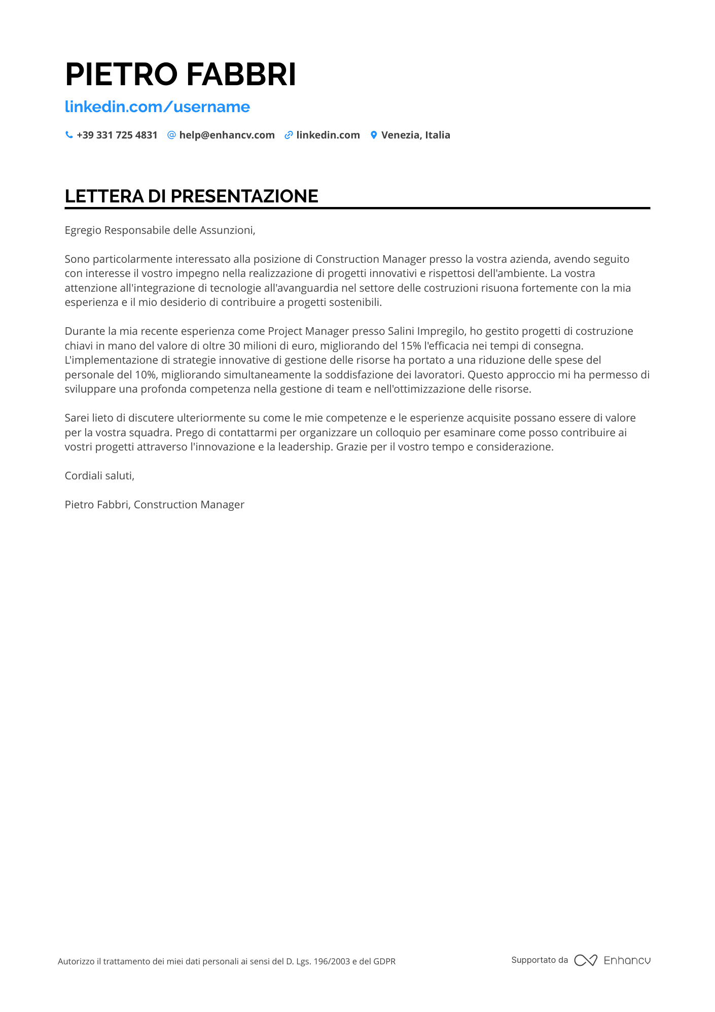 Operaio di Cantiere Resume Example