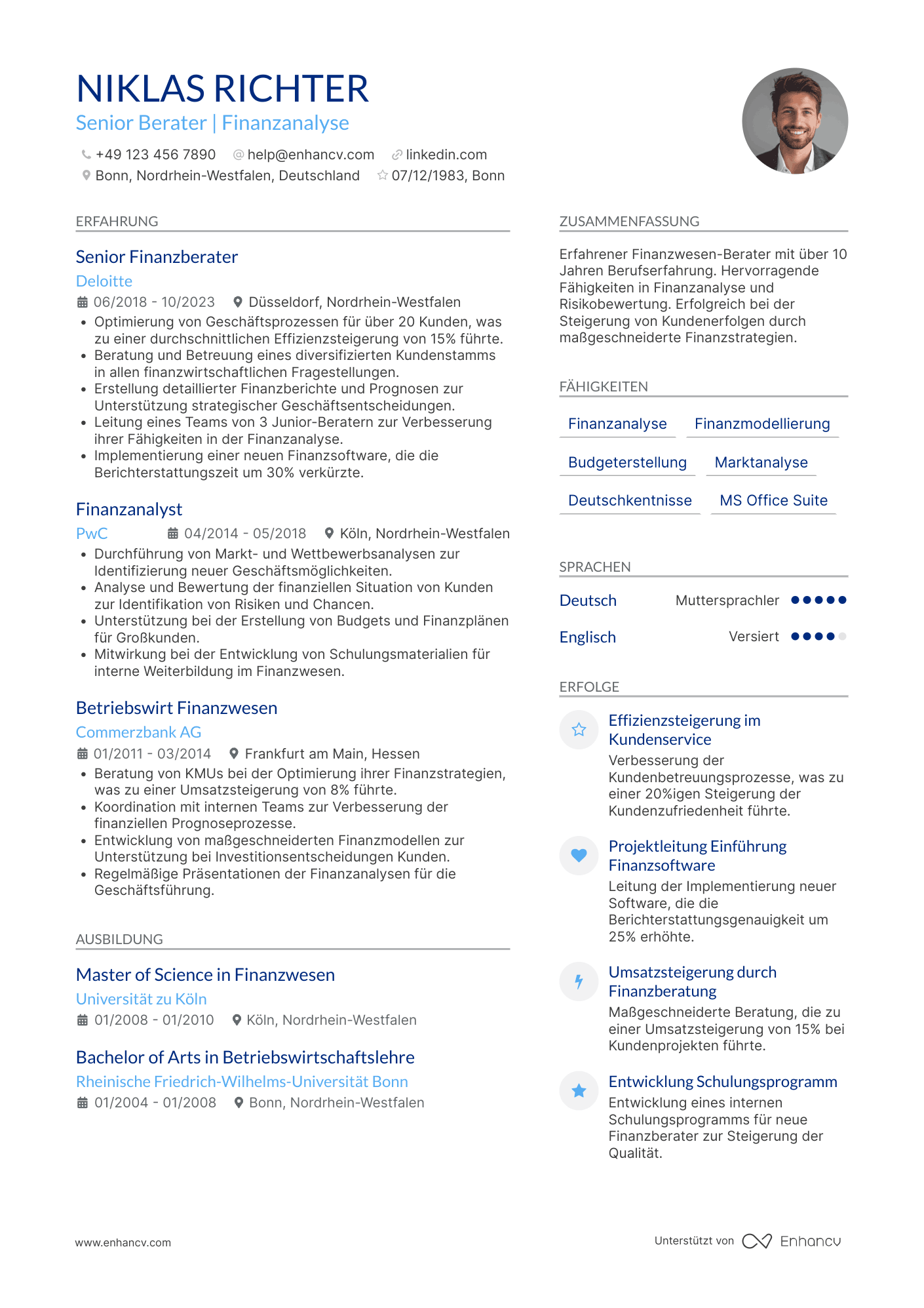 Lebenslauf als Erfahrener Finanzwesen Berater Resume Example