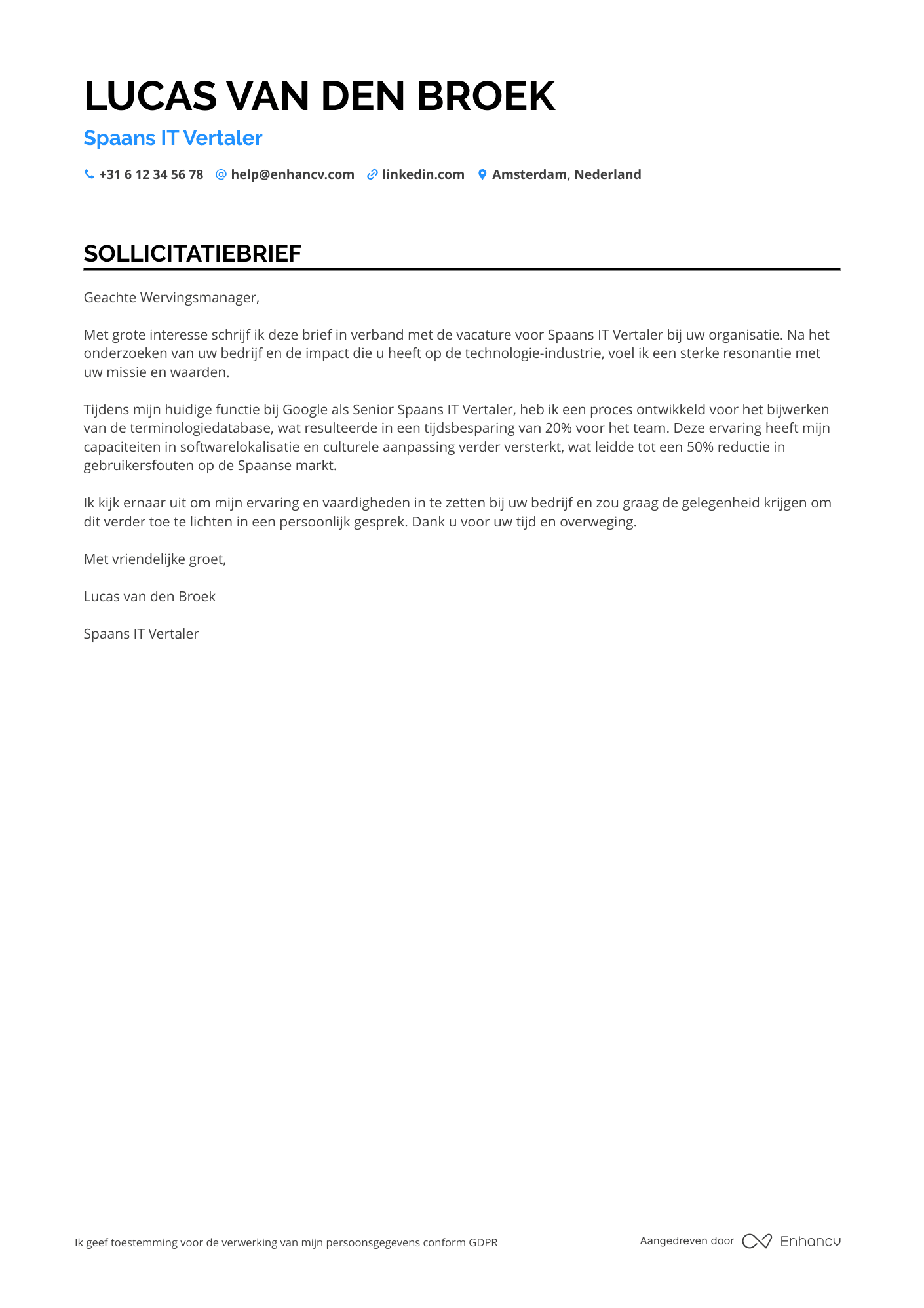 Sollicitatiebrief voor Spaans IT Vertaler Resume Example