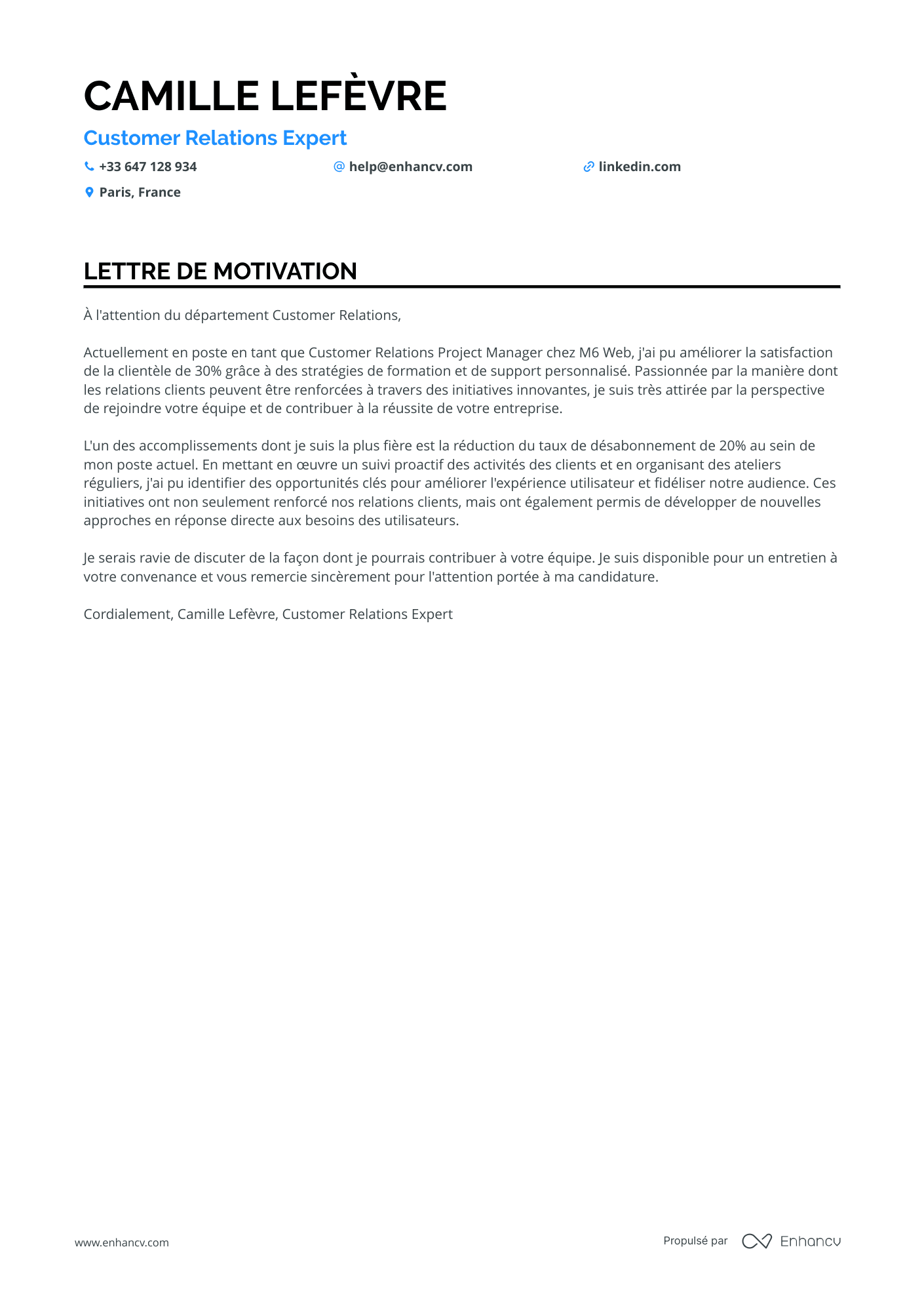 Manager de la Relation Client Resume Example