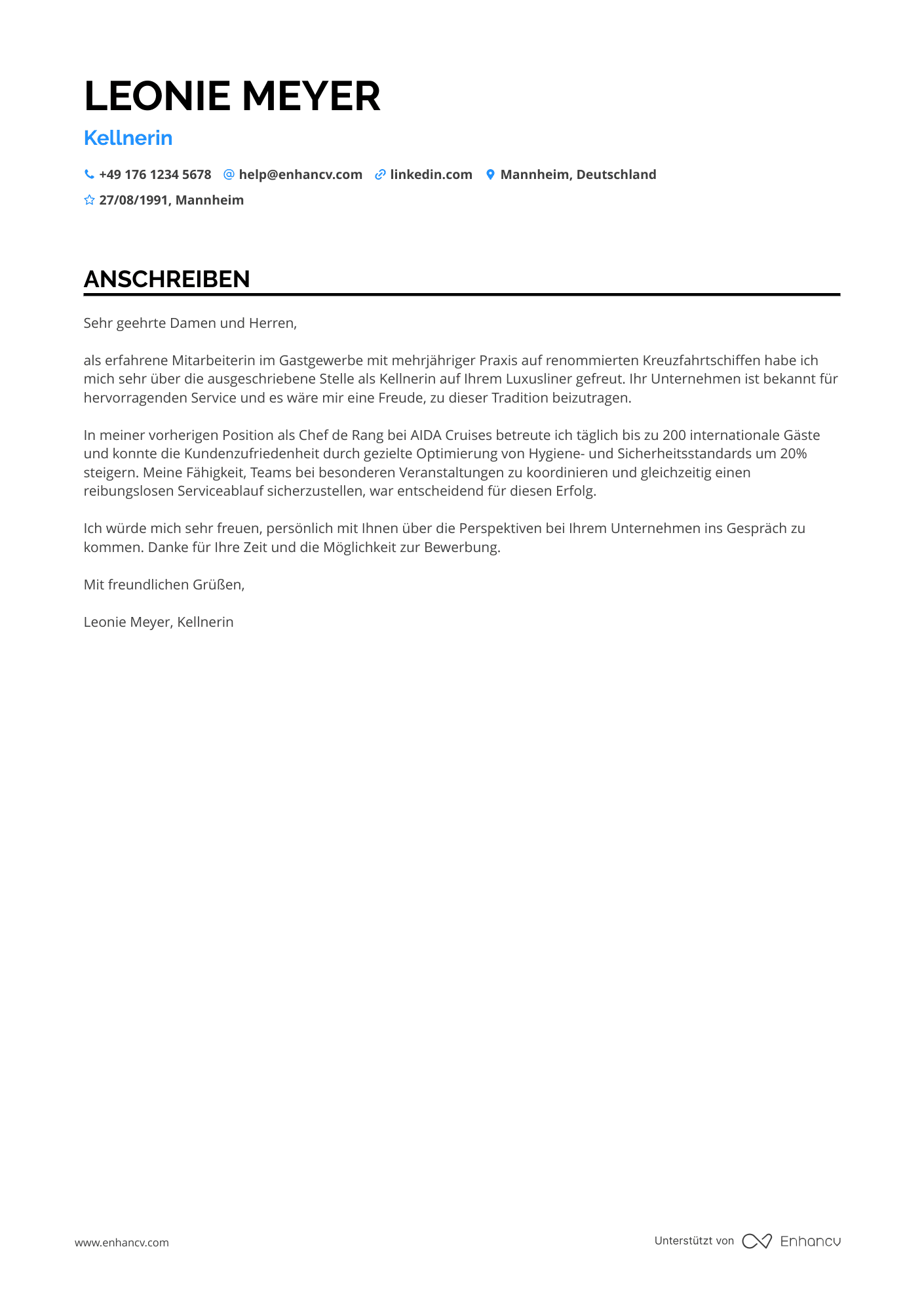 Kellner für Kreuzfahrtschiffe Resume Example