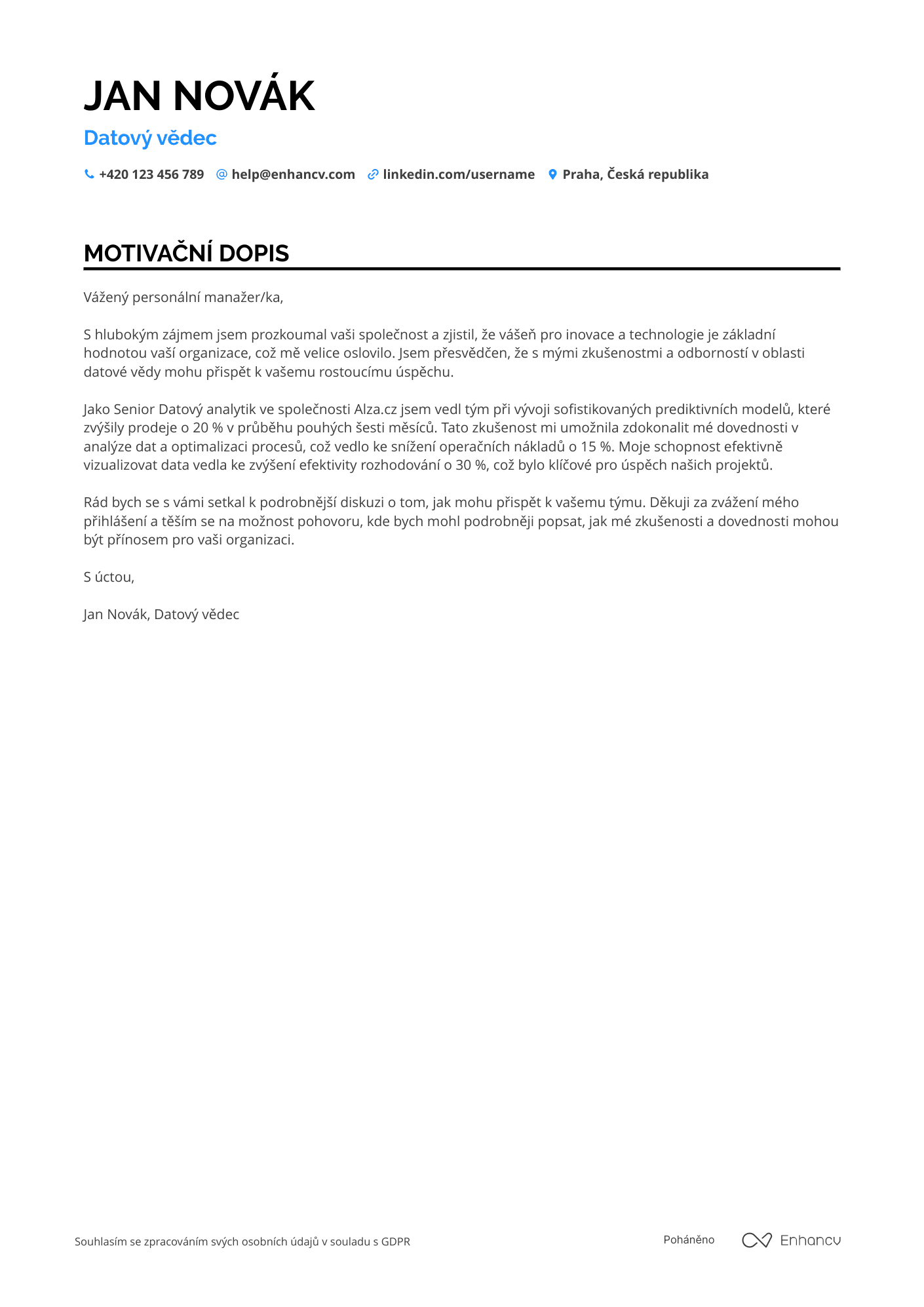 Motivační dopis pro Datový vědec pro e commerce Resume Example