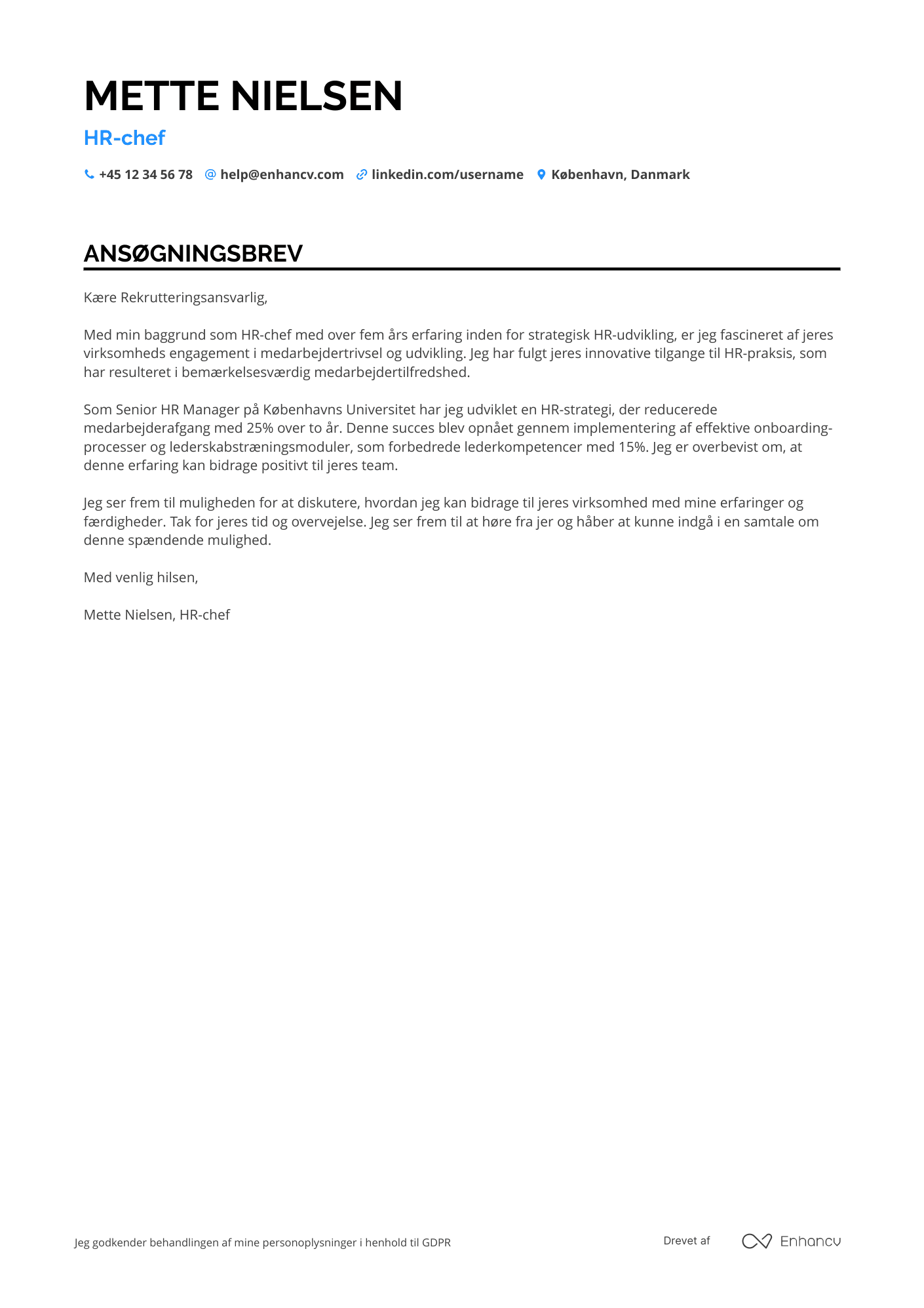Ansøgningsbrev til HR chef – uddannelsessektor Resume Example
