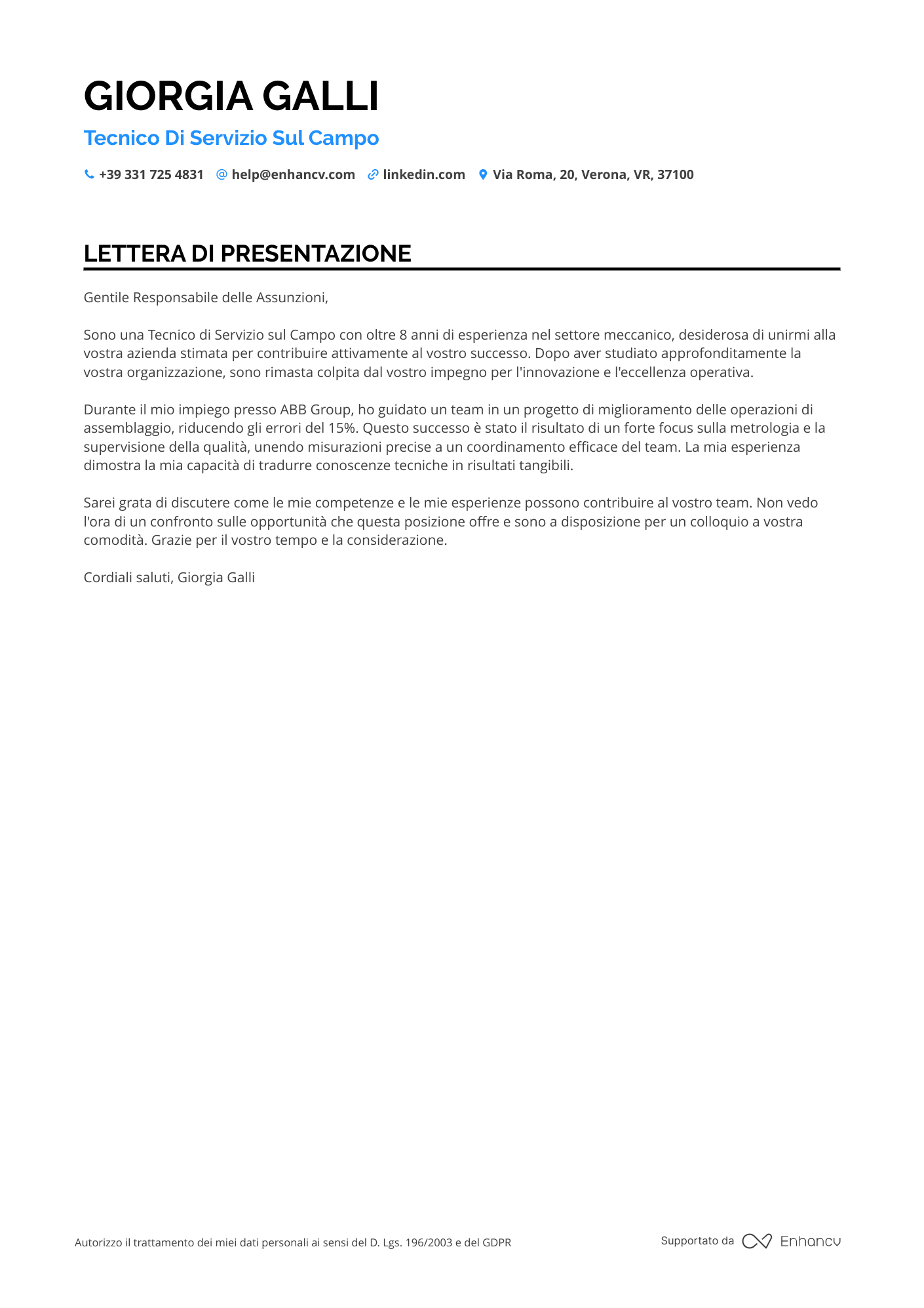 Operaio di Montaggio Resume Example