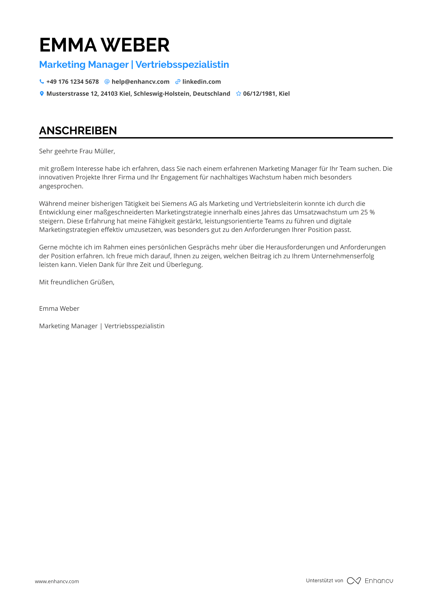 Marketing und Vertrieb Manager Resume Example