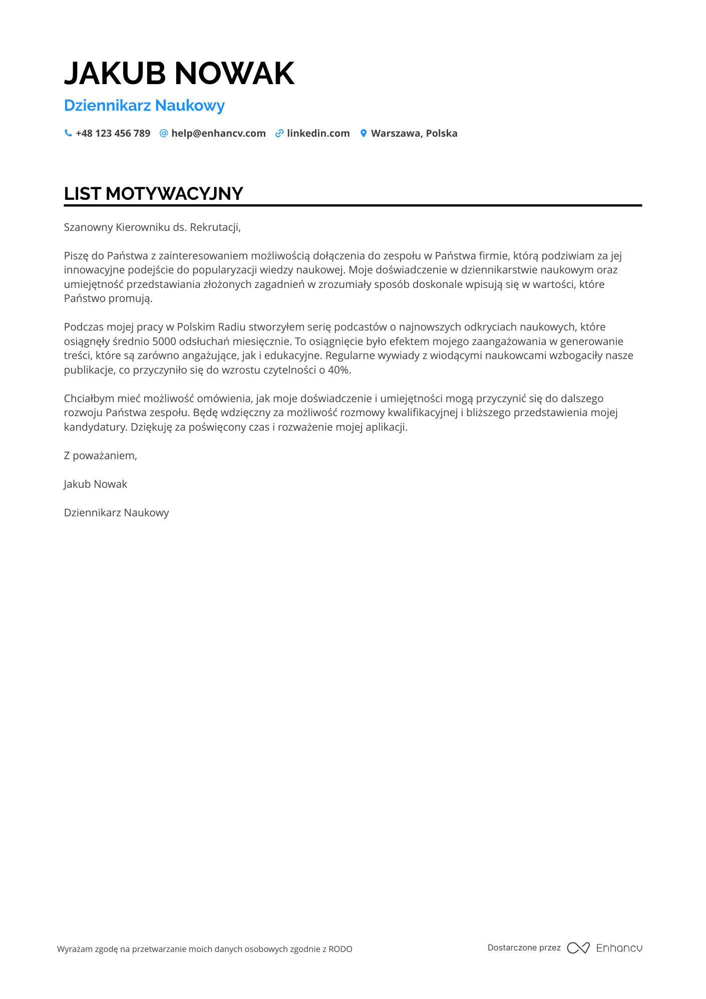 List motywacyjny dla Dziennikarz Naukowy Resume Example