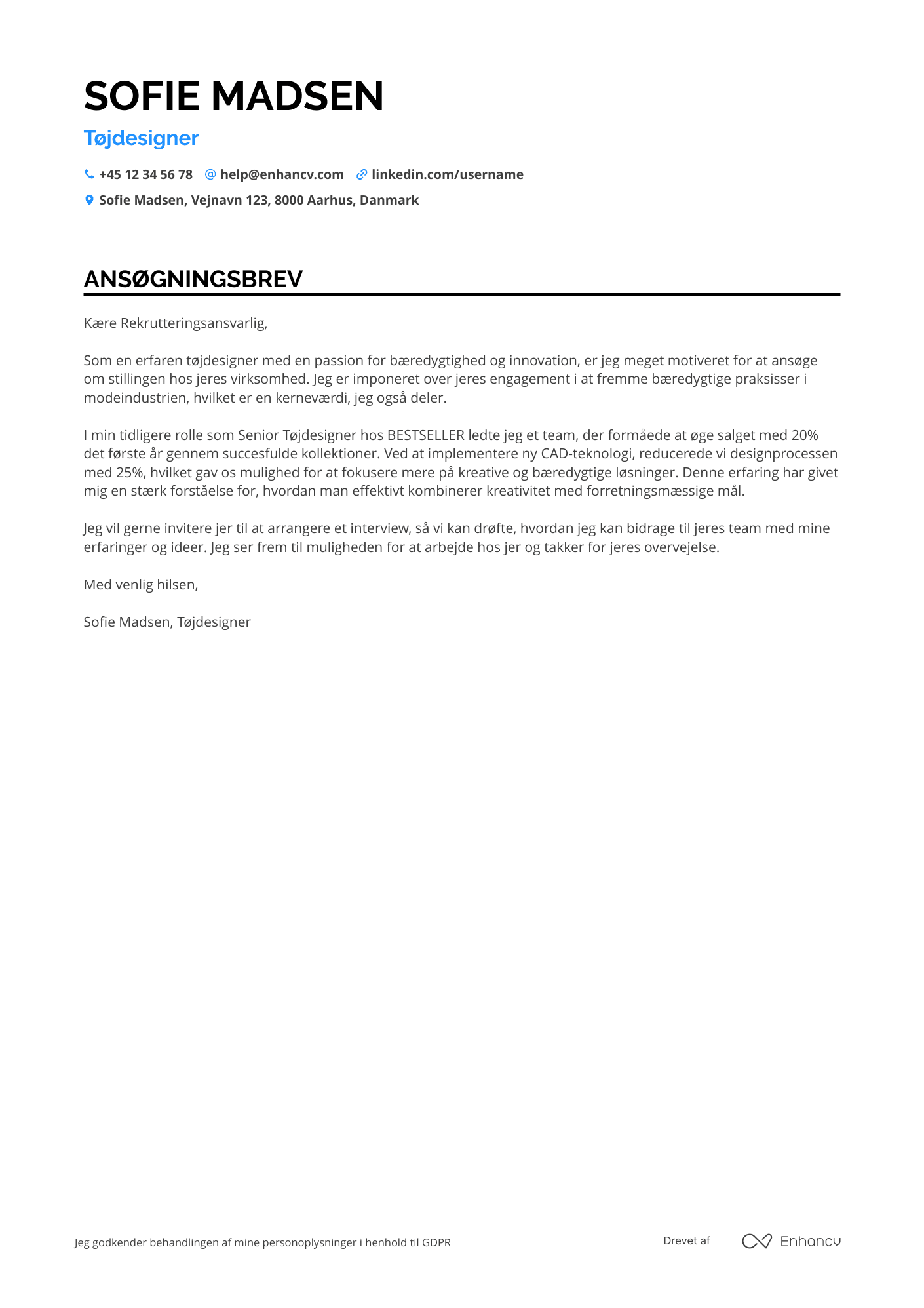 Ansøgningsbrev til Tøjdesigner Resume Example
