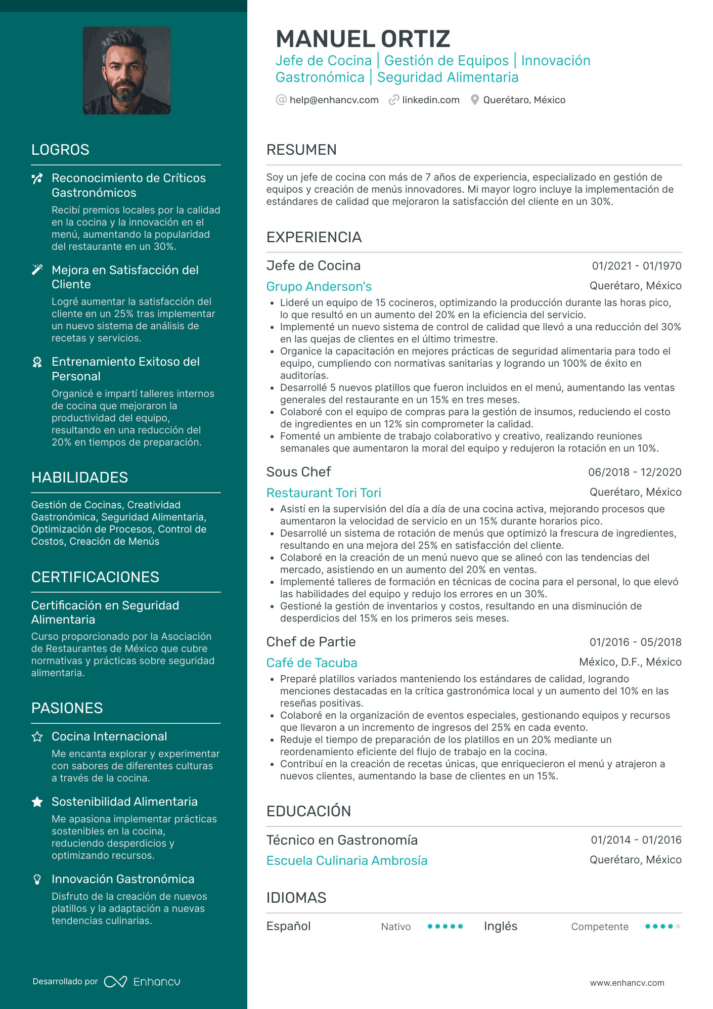 Jefe de Cocina Resume Example