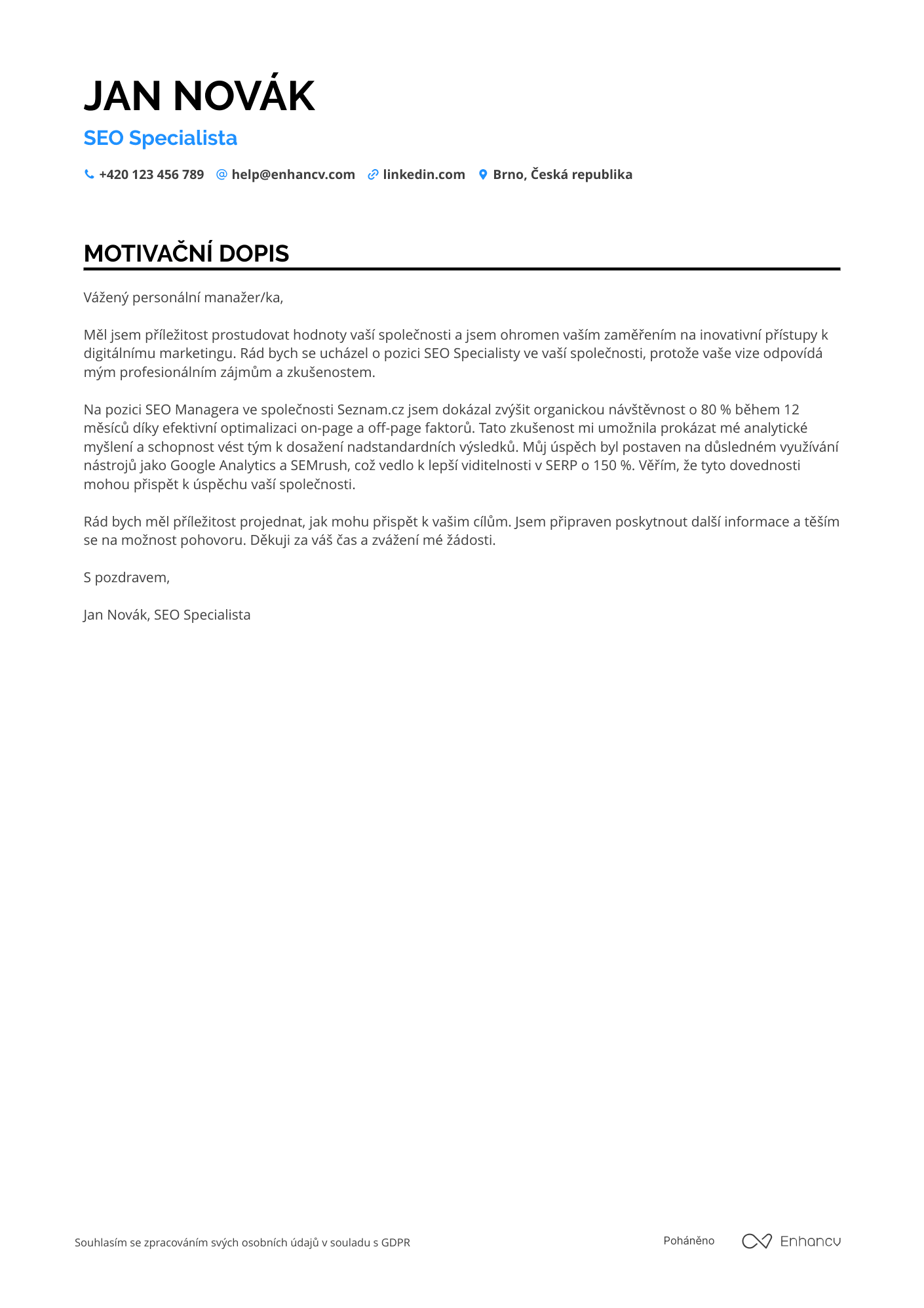 Motivační dopis pro SEO specialista marketingu Resume Example