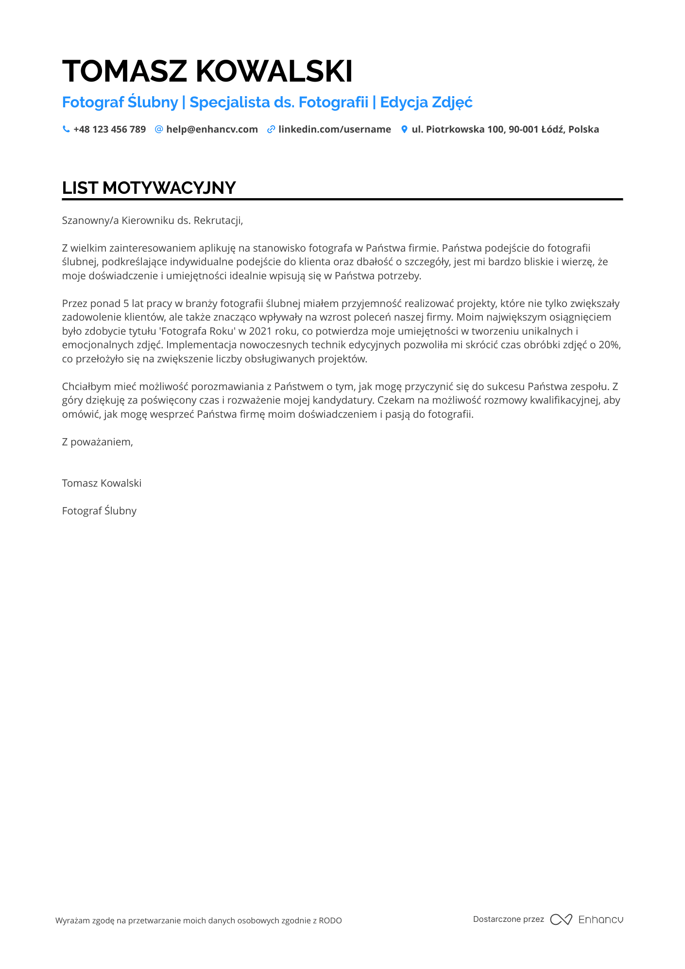List motywacyjny dla Fotograf ślubny Resume Example