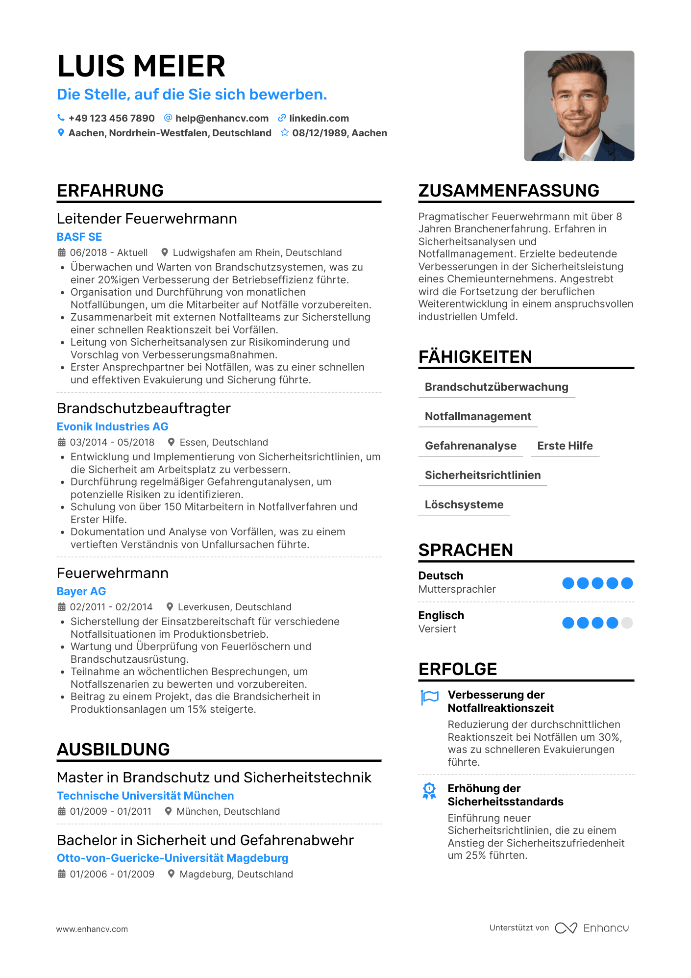 Lebenslauf in Feuerwehrmann für Chemieindustrie Resume Example